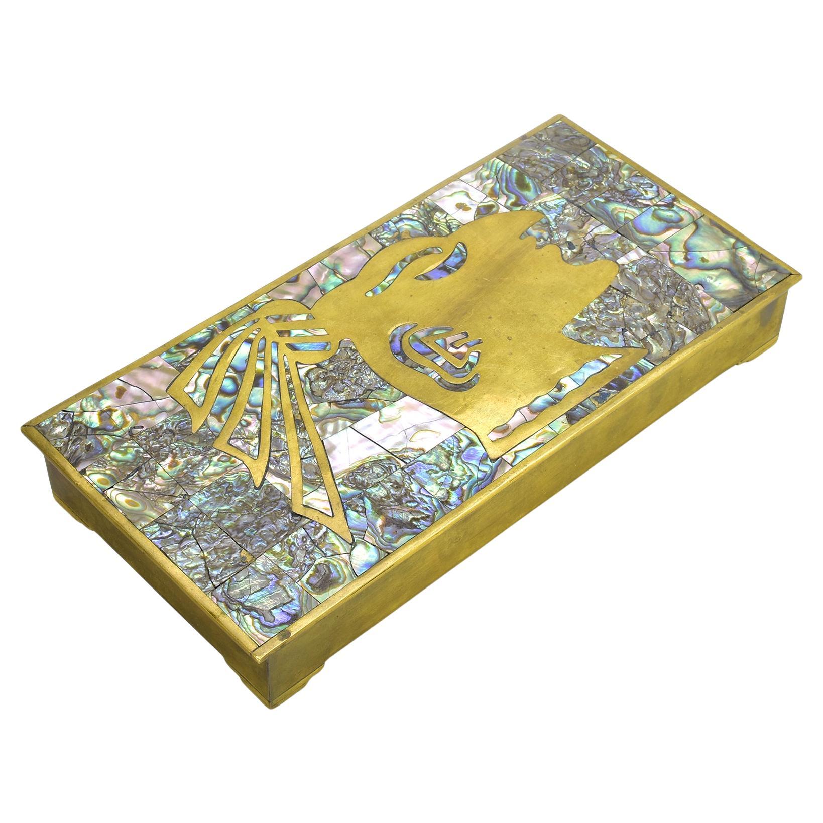 Vintage Mexican Brass Box with Mother of Pearl Inlay – Aztec Head Motif Taxco