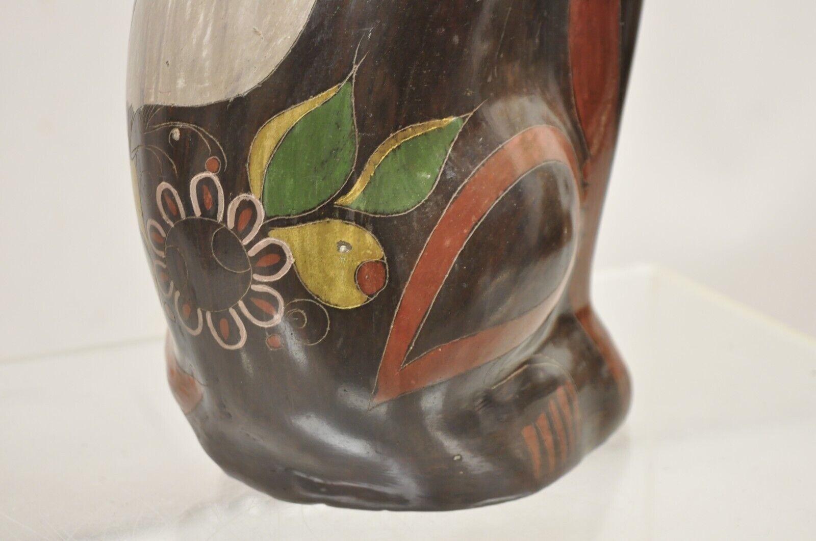 Vintage Mexican Brown Painted Ceramic Pottery Cat with Owl Design Figure Statue For Sale 6