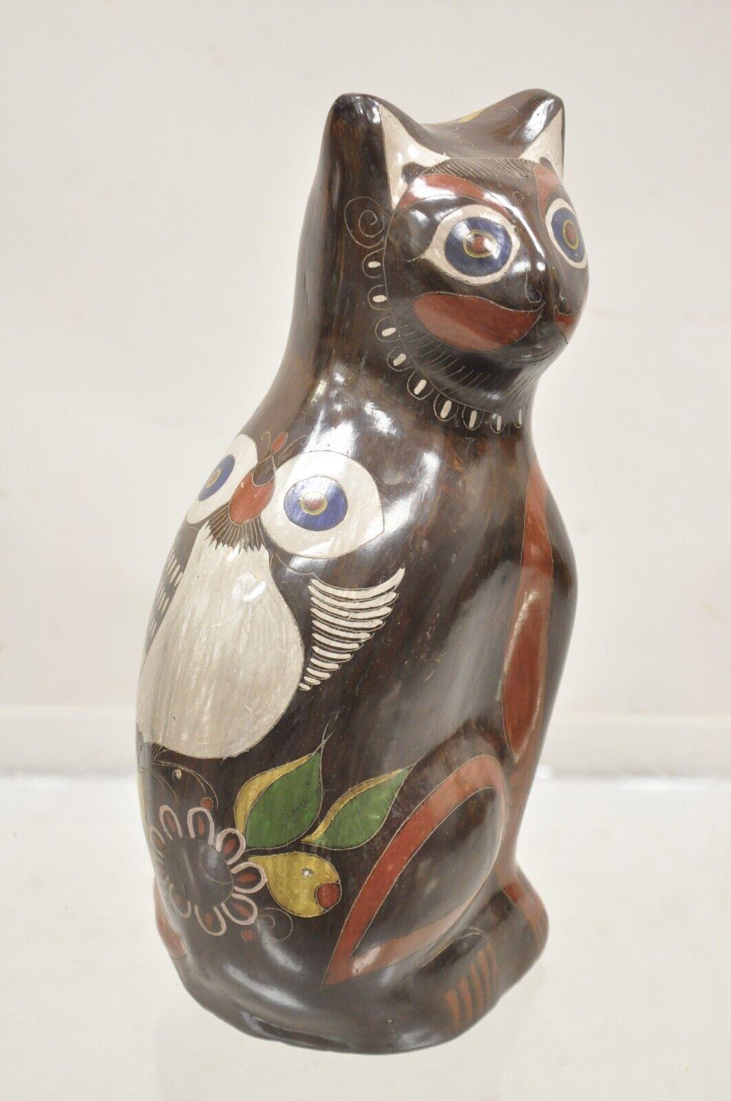 Vintage Mexican Brown Painted Ceramic Pottery Cat with Owl Design Figure Statue For Sale 7