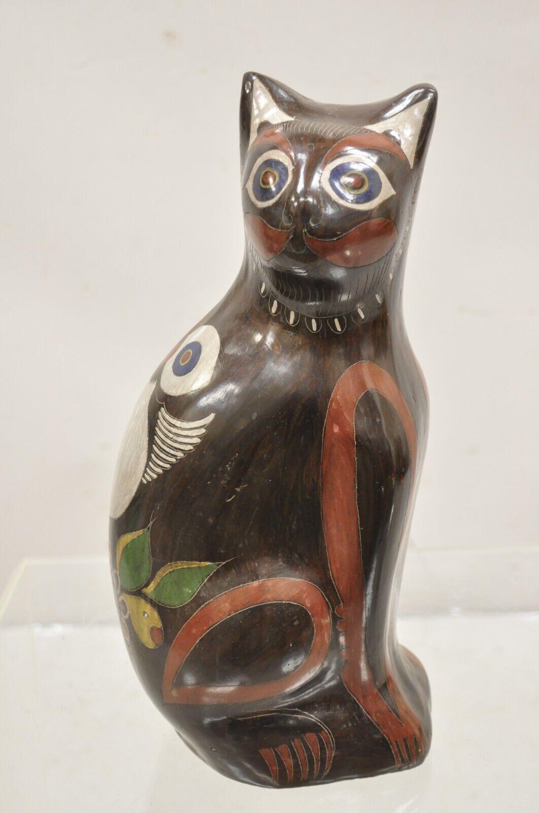 Vintage Mexican Brown Painted Ceramic Pottery Cat with Owl Design Figure Statue. Circa Mid to Late 20th Century. Measurements: 14