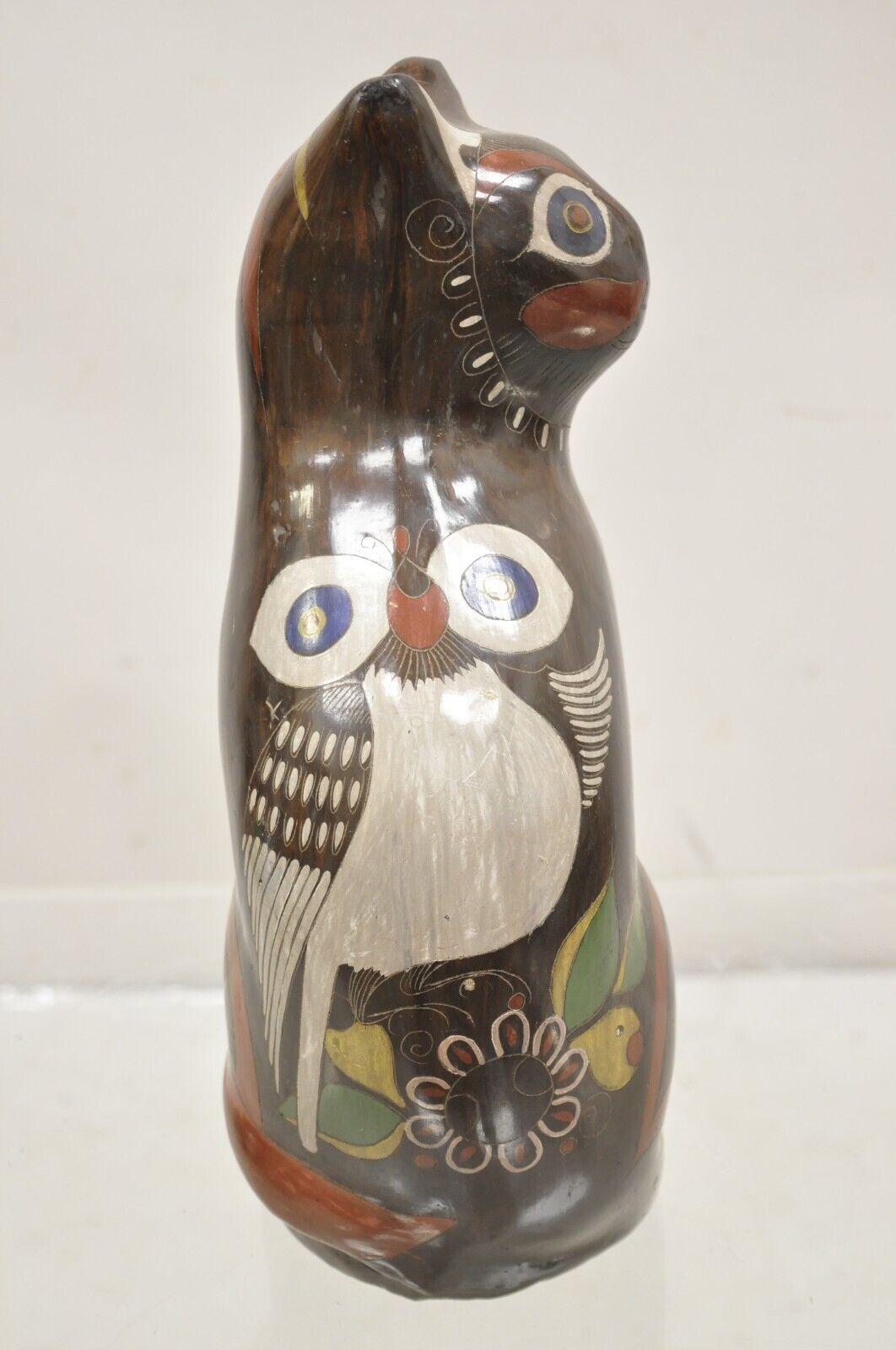 Other Vintage Mexican Brown Painted Ceramic Pottery Cat with Owl Design Figure Statue For Sale