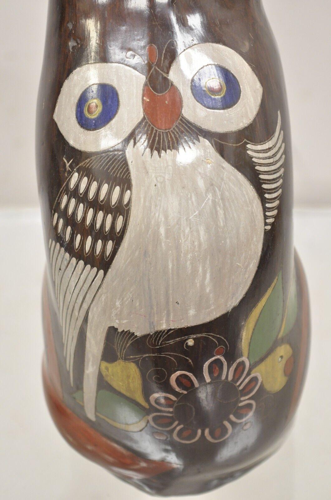 Vintage Mexican Brown Painted Ceramic Pottery Cat with Owl Design Figure Statue In Good Condition For Sale In Philadelphia, PA