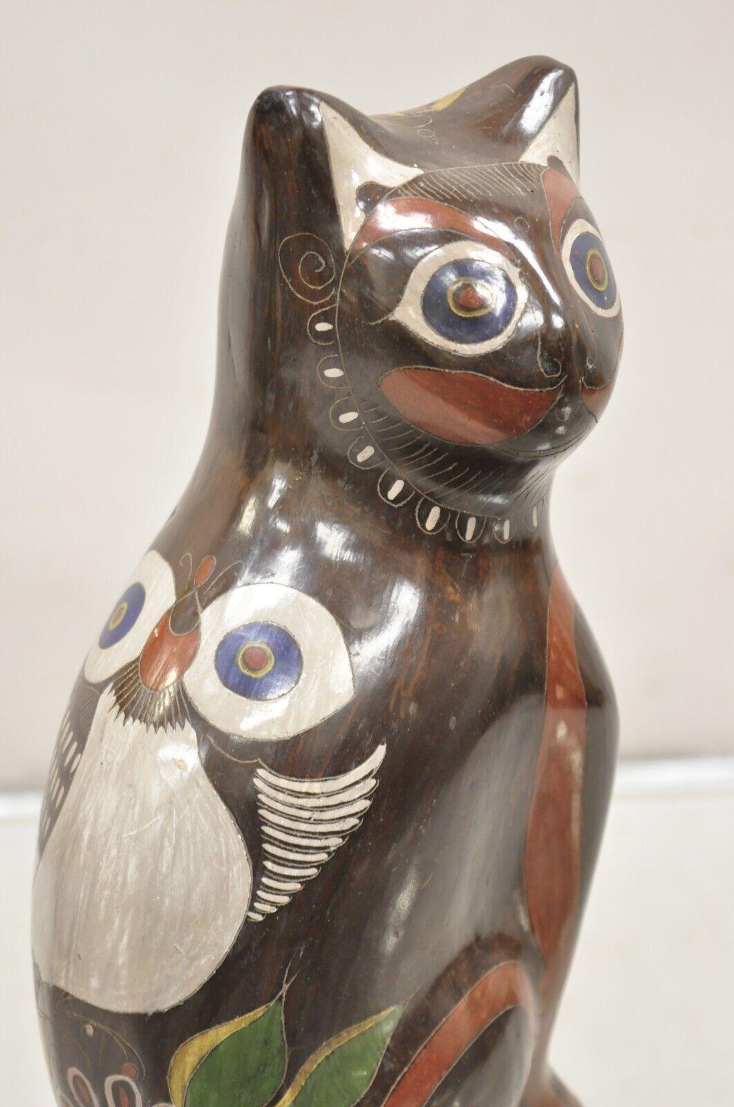 20th Century Vintage Mexican Brown Painted Ceramic Pottery Cat with Owl Design Figure Statue For Sale