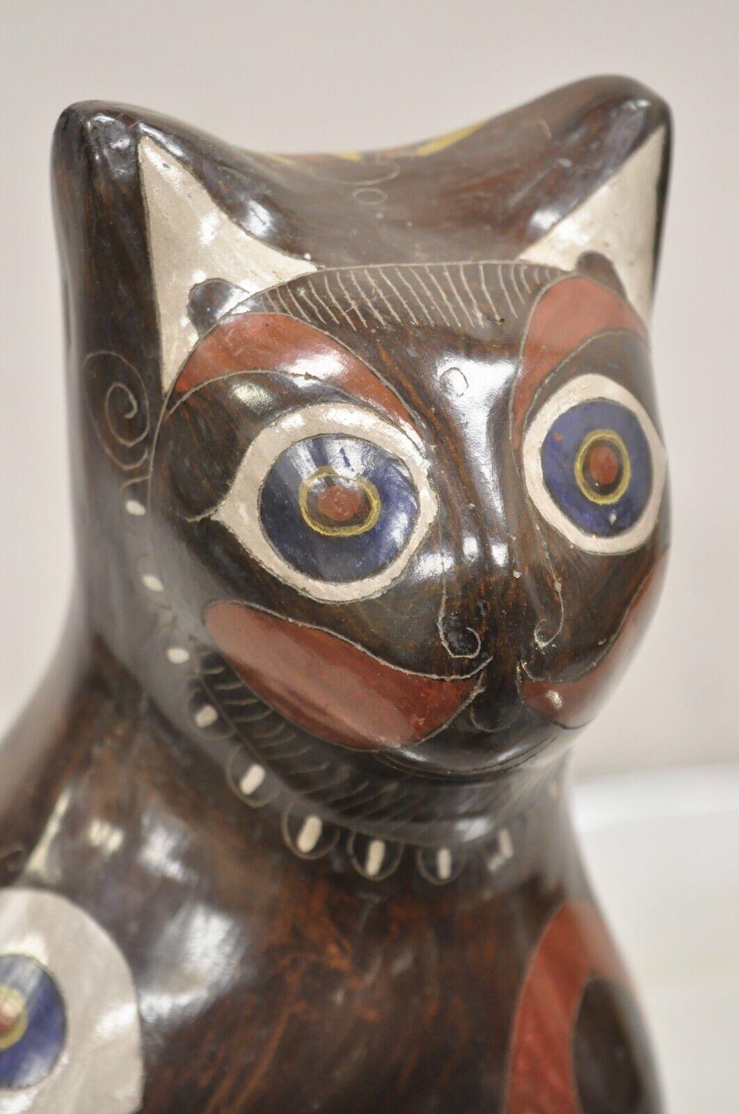 Vintage Mexican Brown Painted Ceramic Pottery Cat with Owl Design Figure Statue For Sale 1
