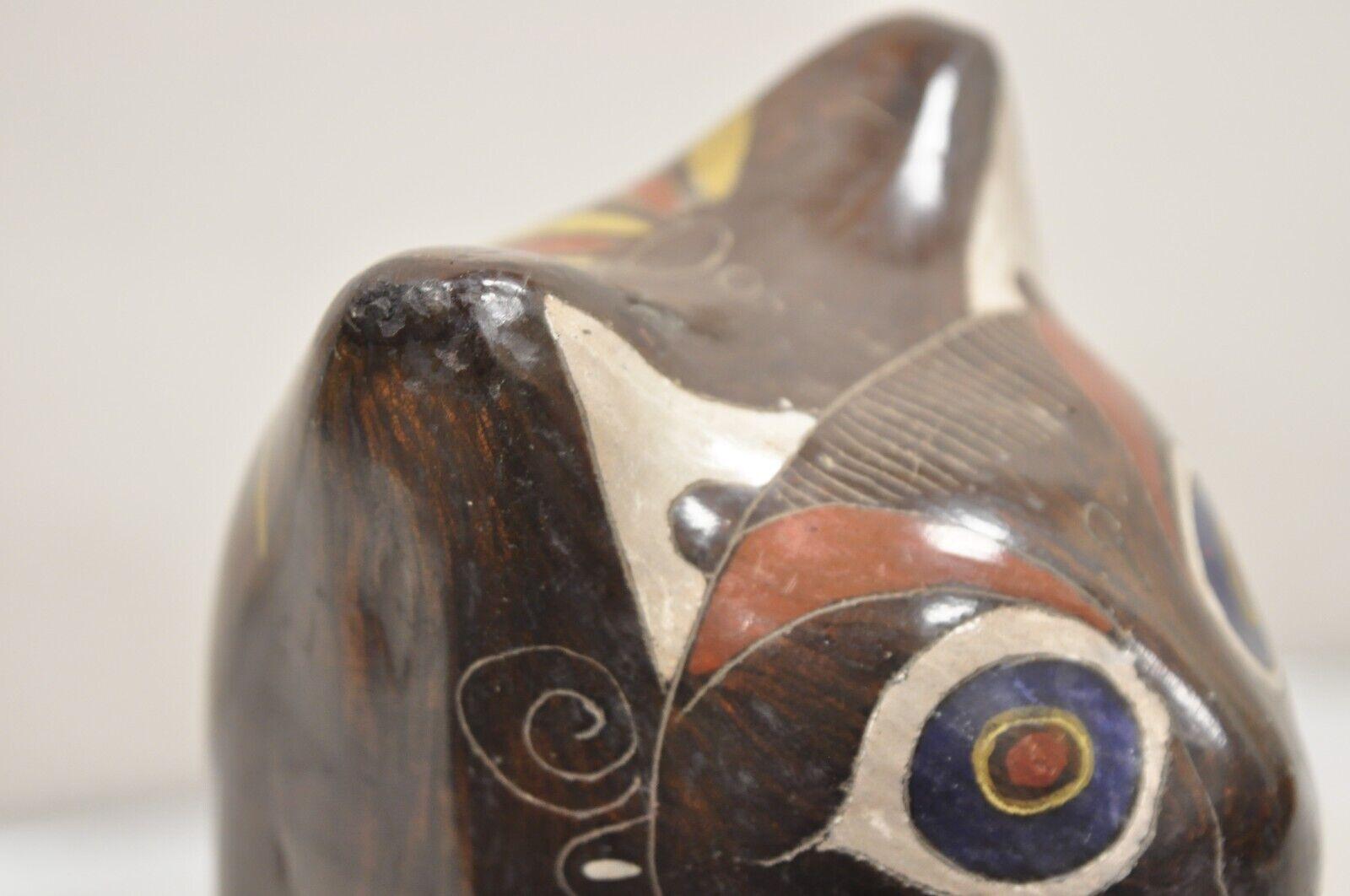 Vintage Mexican Brown Painted Ceramic Pottery Cat with Owl Design Figure Statue For Sale 2