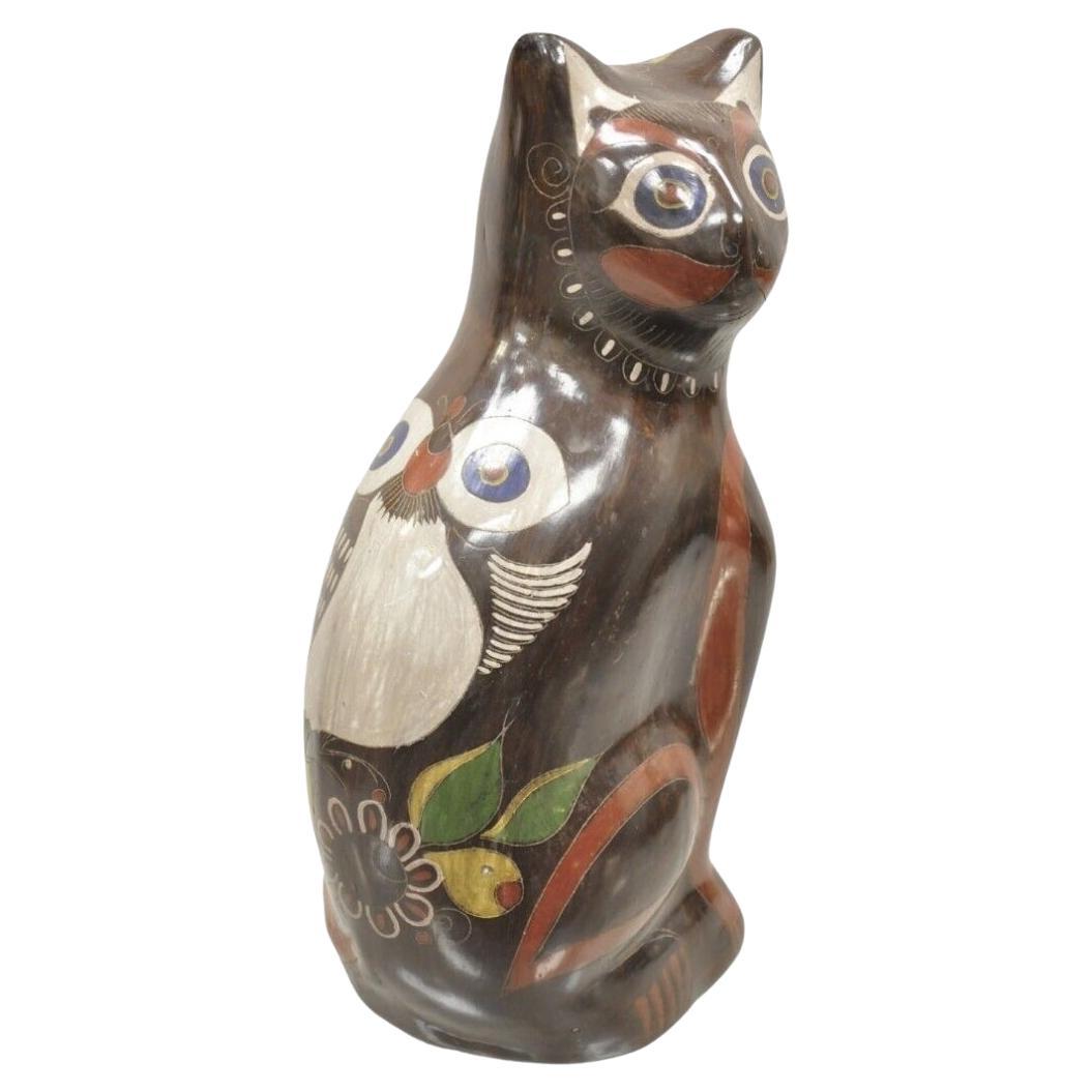 Vintage Mexican Brown Painted Ceramic Pottery Cat with Owl Design Figure Statue For Sale