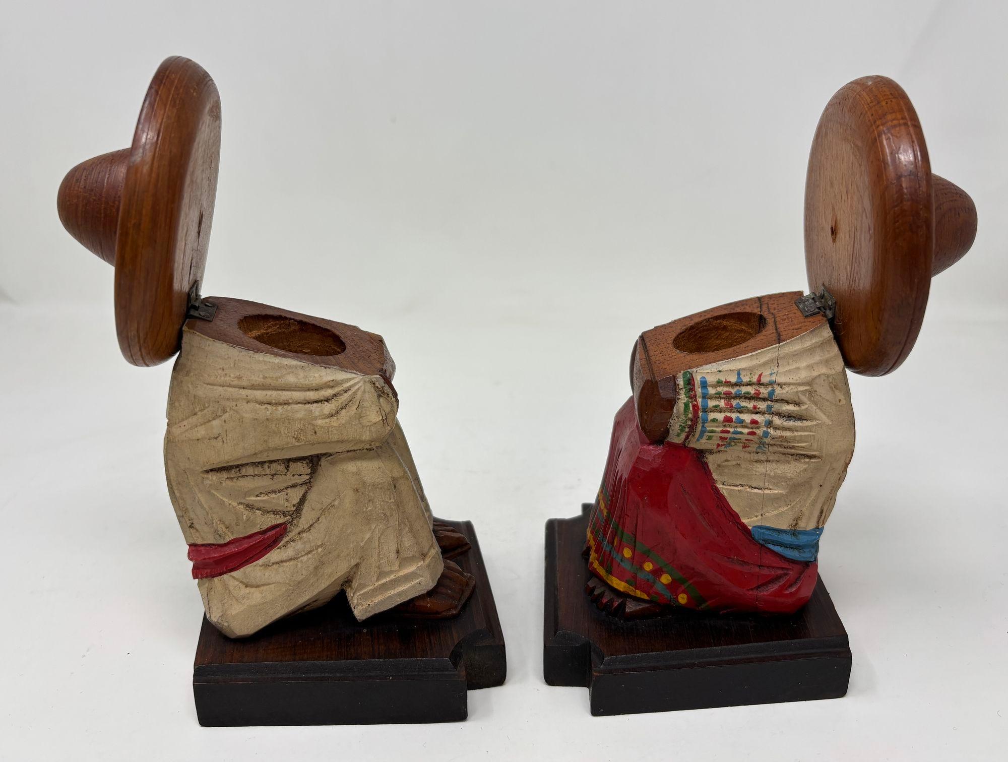 Vintage Mexican Carved Wood Sculpture Polychrome Bookends Siesta Folk Art 1950s For Sale 5