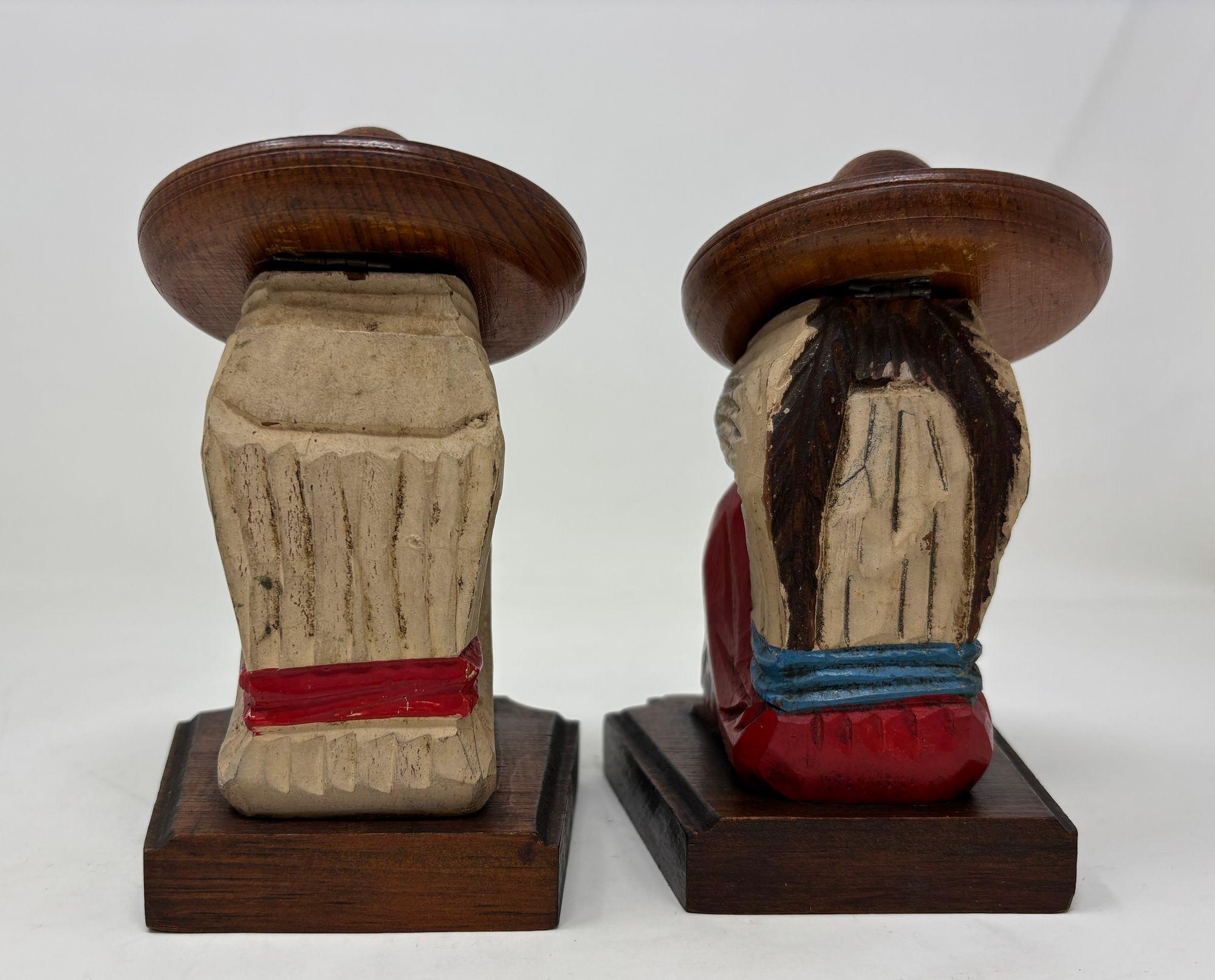 Vintage Mexican Carved Wood Sculpture Polychrome Bookends Siesta Folk Art 1950s For Sale 1