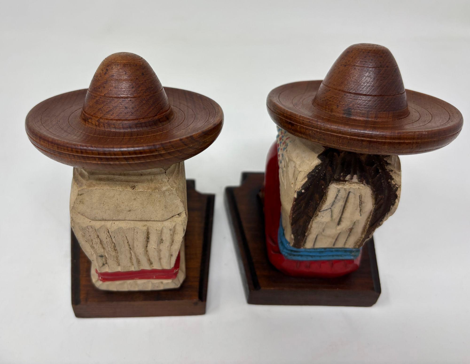 Vintage Mexican Carved Wood Sculpture Polychrome Bookends Siesta Folk Art 1950s For Sale 2