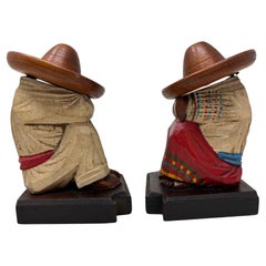 Vintage Mexican Carved Wood Sculpture Polychrome Bookends Siesta Folk Art 1950s
