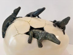 Vintage Mexican Ceramic Sculpture of Hatching Alligators Signed by Nacho Mejia