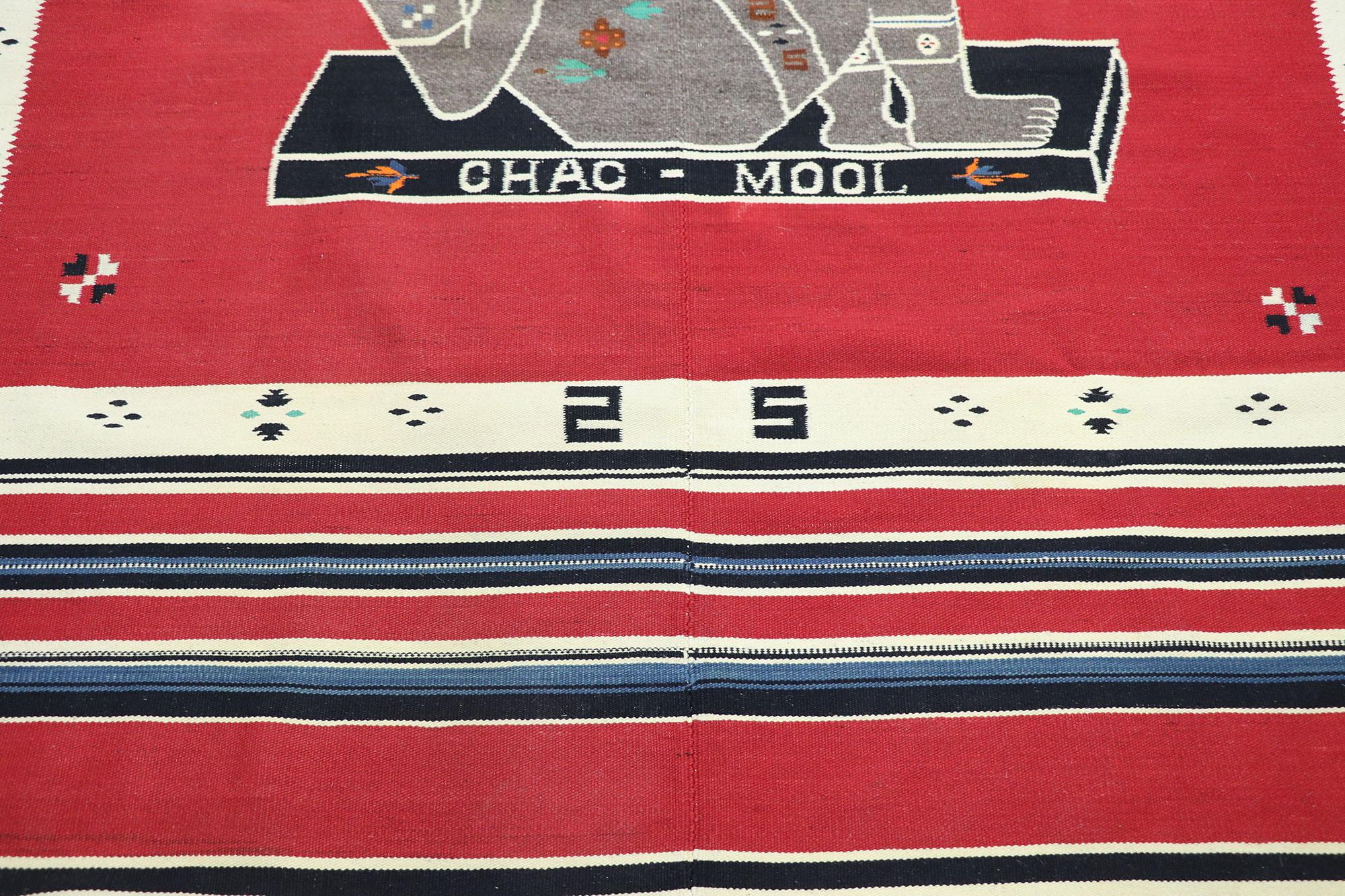 Hand-Woven Vintage Mexican Chac Mool Kilim Rug with Aztec Style