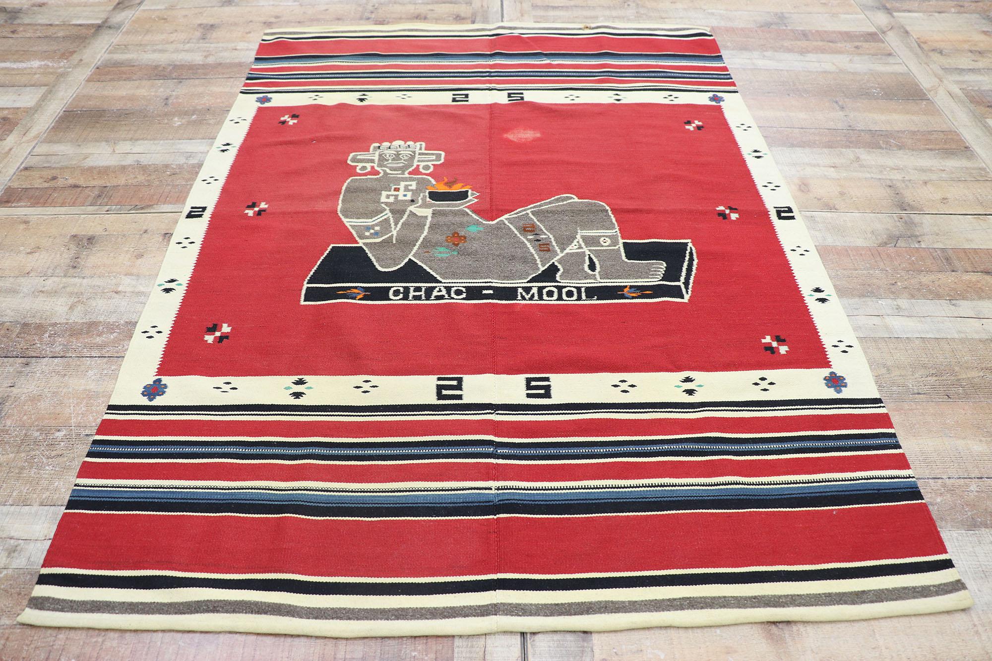 Wool Vintage Mexican Chac Mool Kilim Rug with Aztec Style