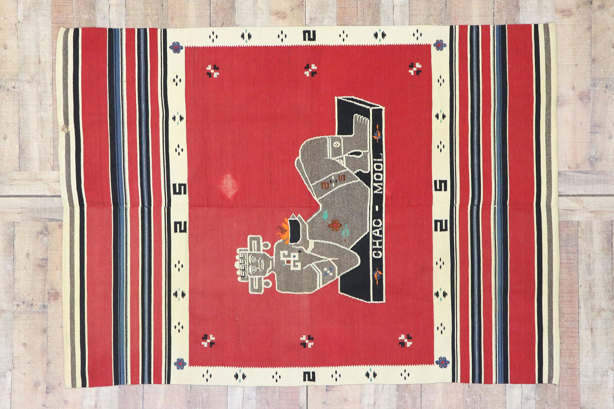 Vintage Mexican Chac Mool Kilim Rug with Aztec Style 1