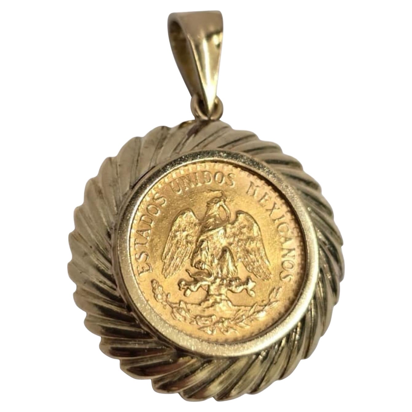 Ciondolo con moneta d'epoca messicana Dos Pesos in oro 21,6K con castone in corda 14K in vendita