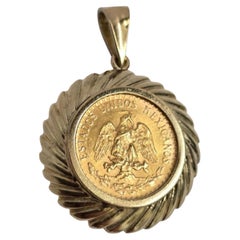 Vintage Mexican Dos Pesos 21.6K Gold Coin Pendant in 14K Rope Bezel