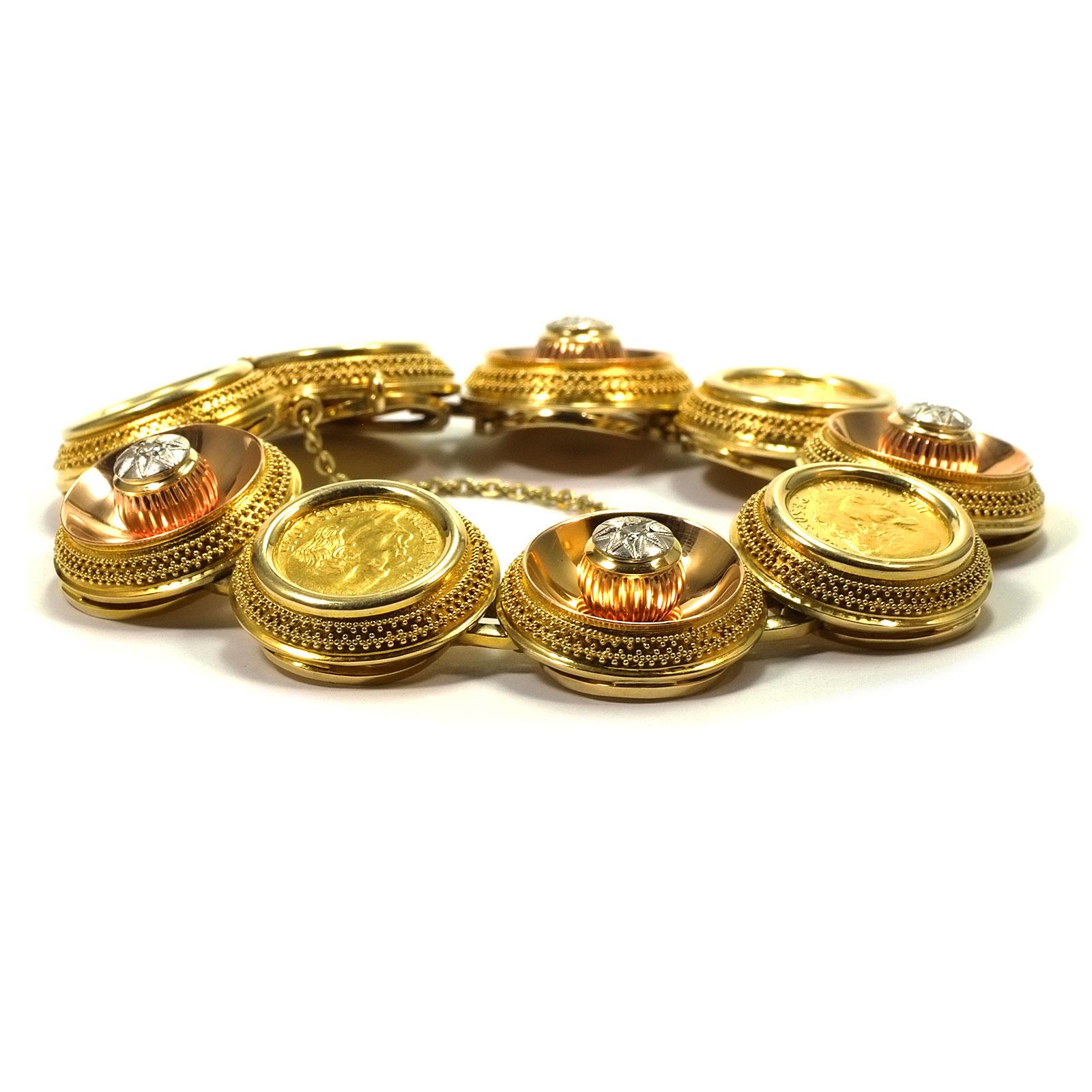 Brilliant Cut Vintage Mexican Dos Y Meso Peso Gold Coin Bracelet with 0.2 Carat Diamonds For Sale