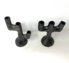 Vintage Mexican Folk Art Burnished Barro Negro Candle Holders from Oaxaca