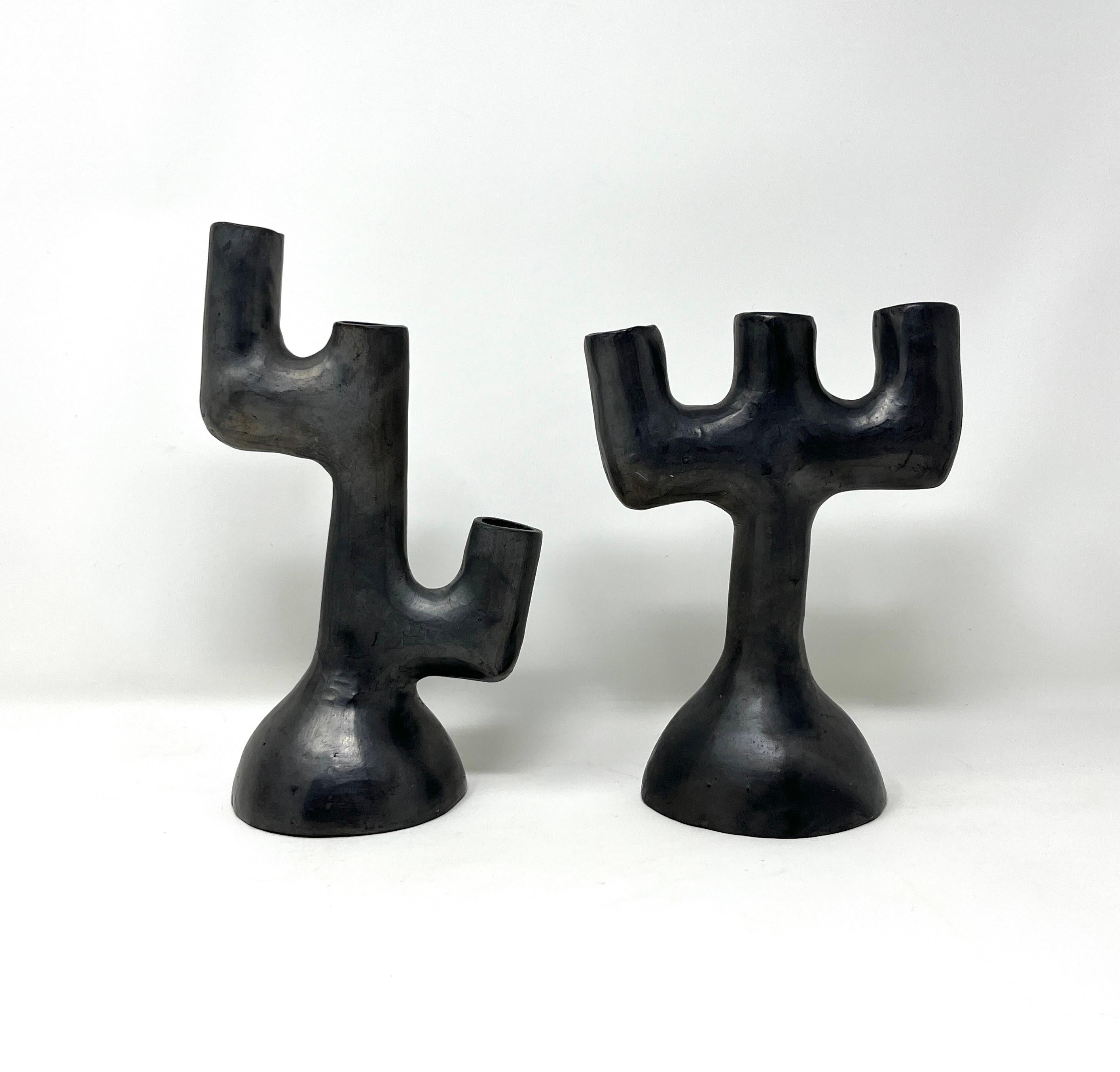 American Colonial Vintage Mexican Folk Art Burnished Barro Negro Candle Holders from Oaxaca