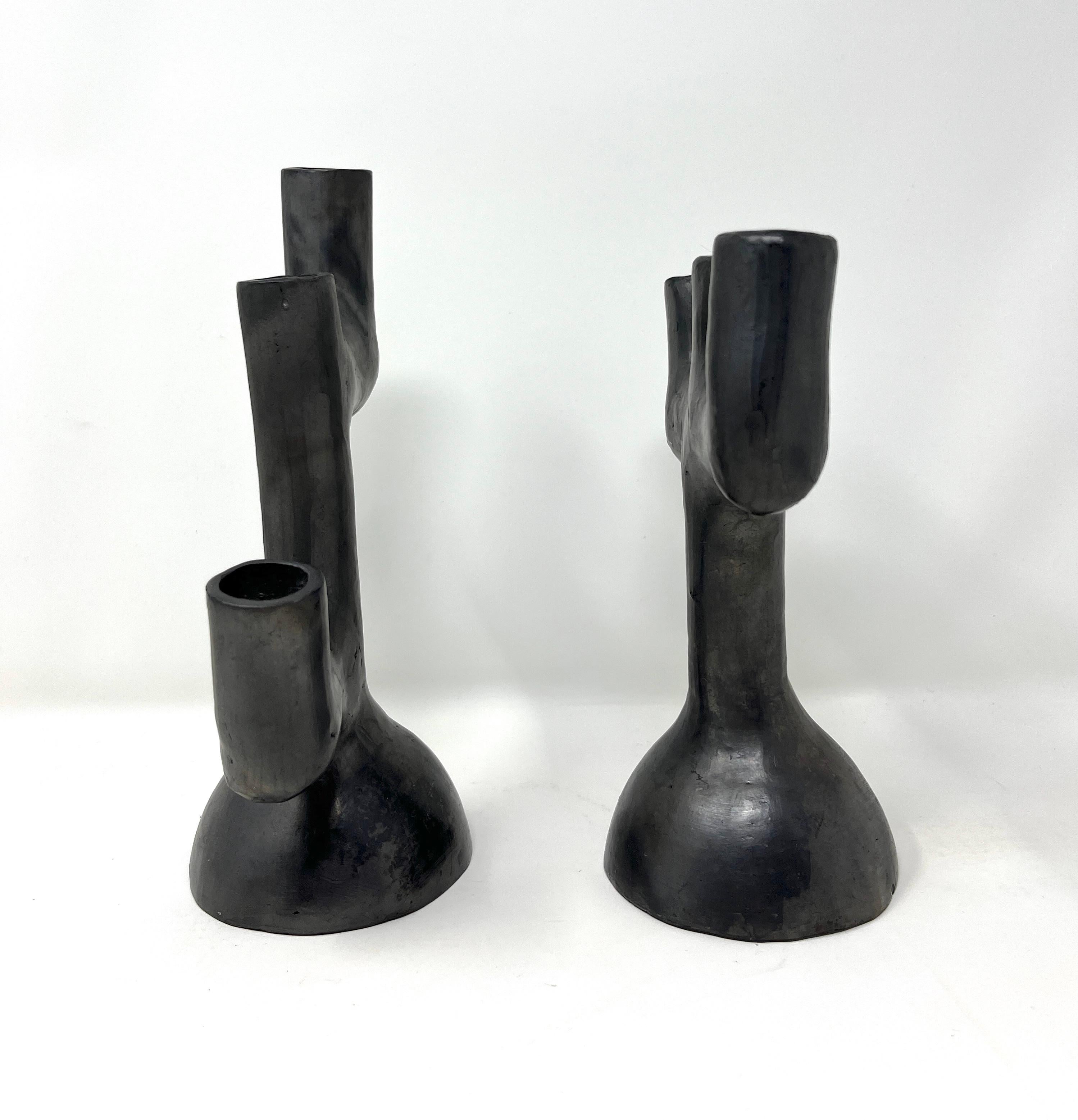 Vintage Mexican Folk Art Burnished Barro Negro Candle Holders from Oaxaca In Good Condition In Chicago, IL