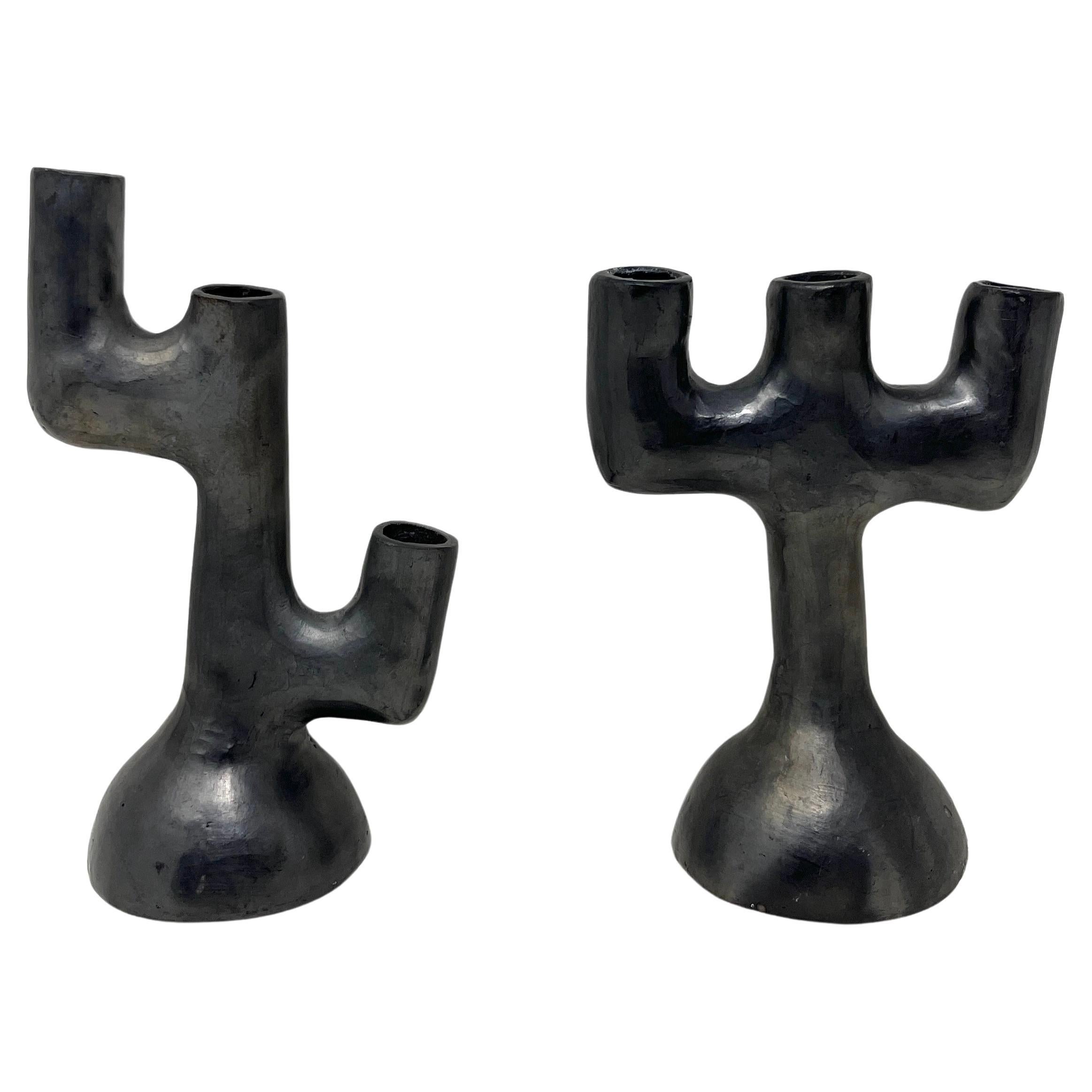 Vintage Mexican Folk Art Burnished Barro Negro Candle Holders from Oaxaca