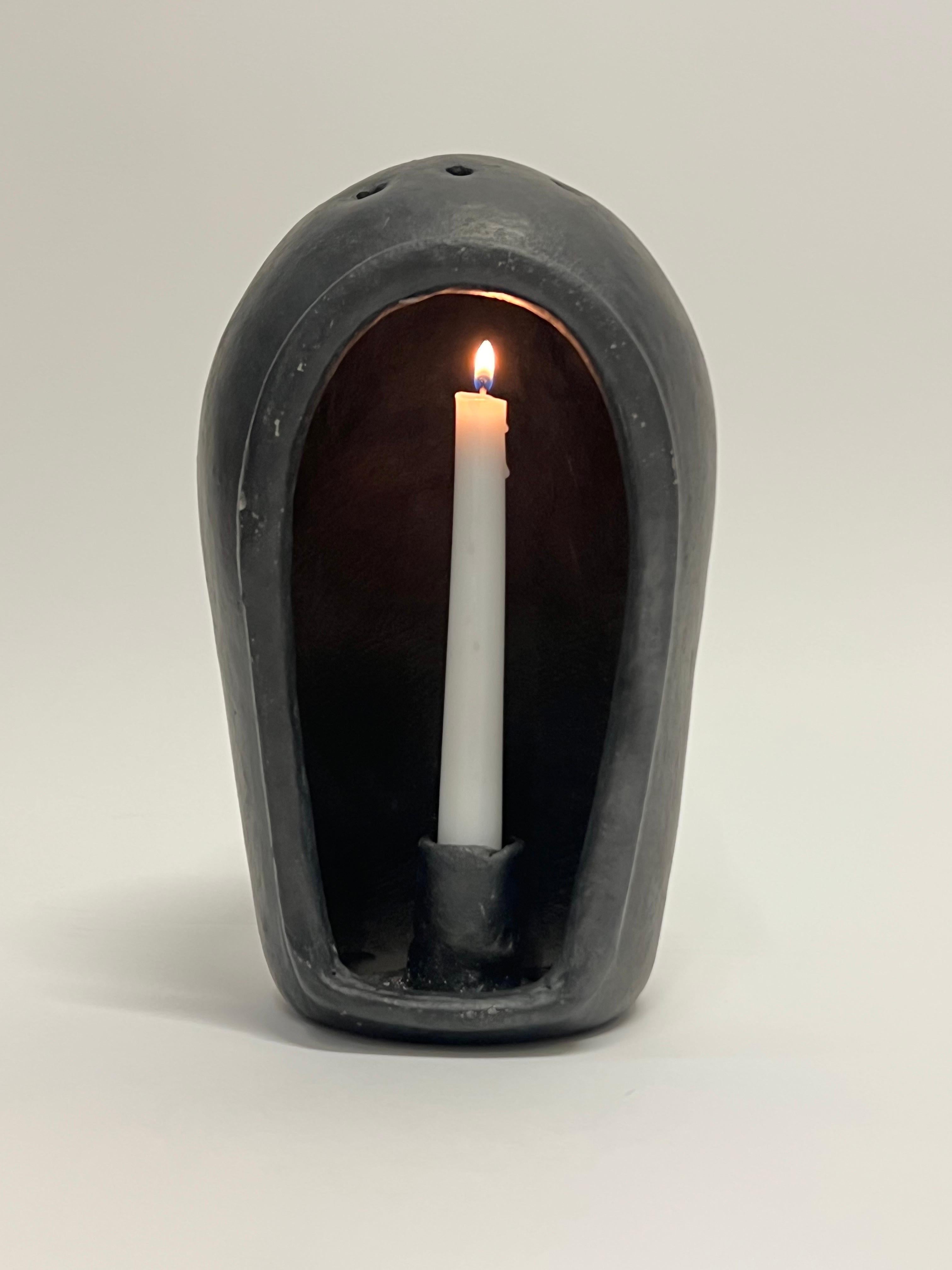 Amazing and rare vintage folk art ceramic candle holder with handle from Oaxaca, c1950s. Beautiful design with thick handle. Really projects the light wonderfully.