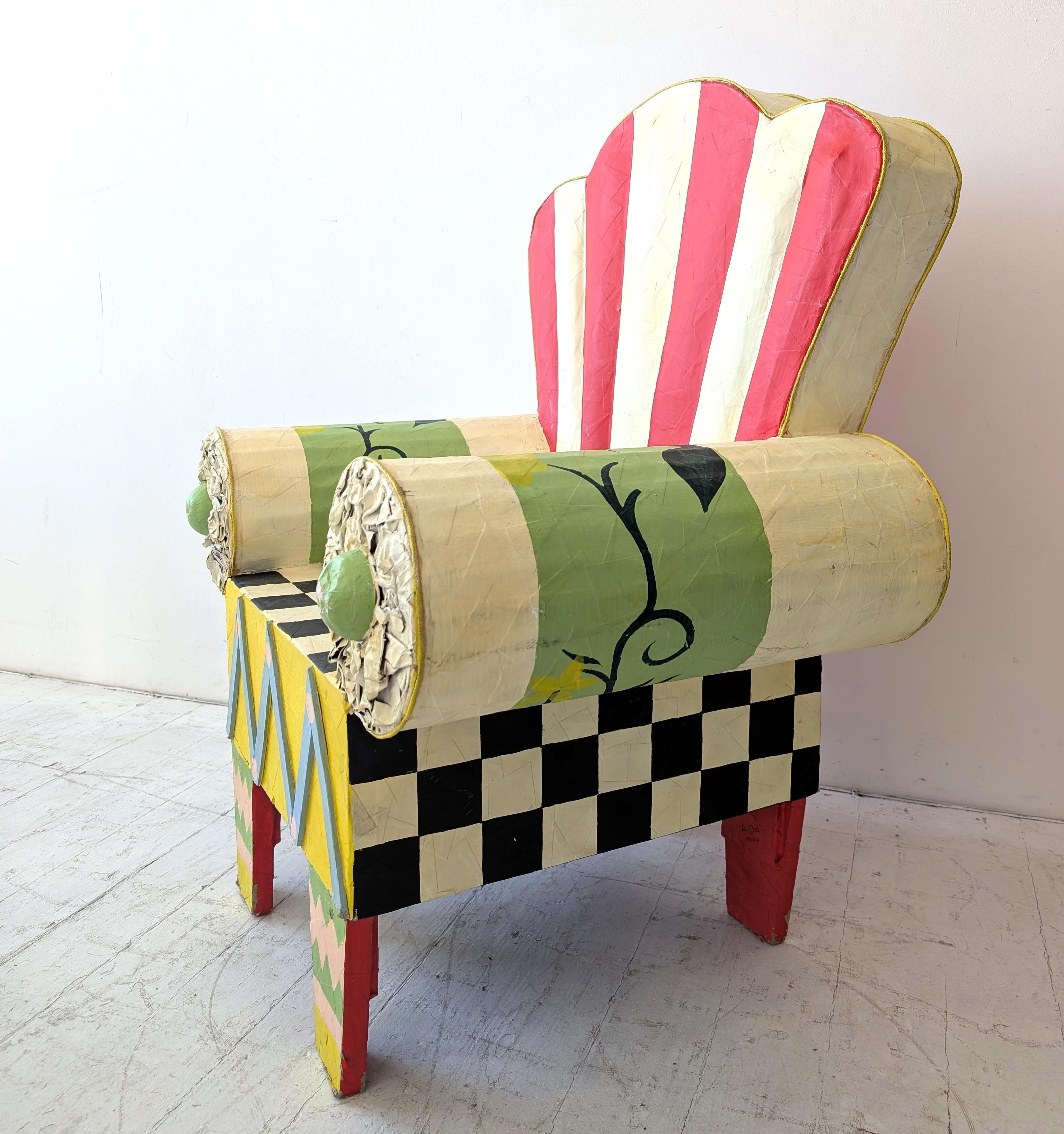 Wood Vintage Mexican full size papier mache 1980s armchair chair, folk art postmodern For Sale