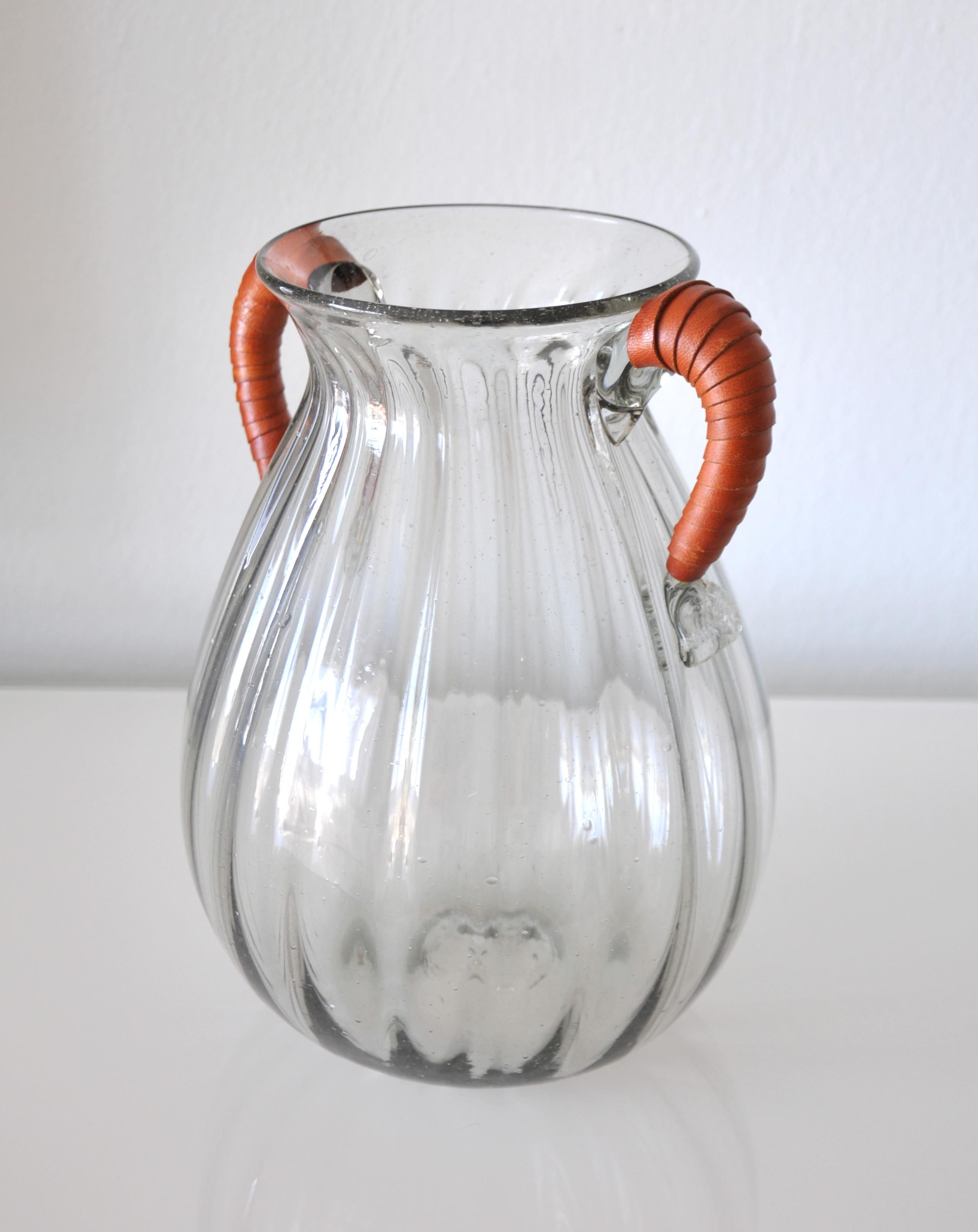 20th Century Vintage Mexican Glass and Leather Vase For Sale