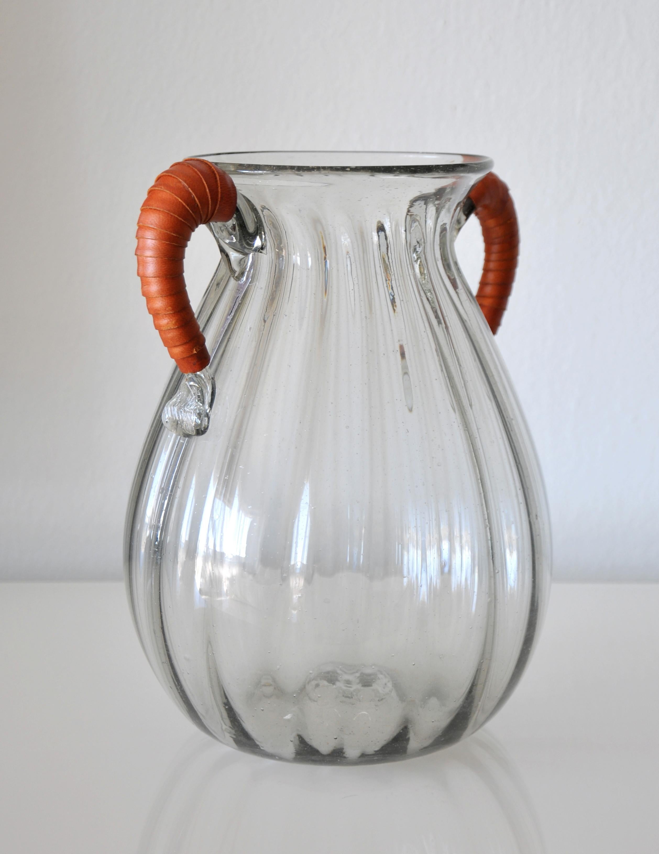 Vintage Mexican Glass and Leather Vase For Sale 1