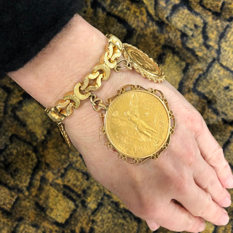 Vintage Mexican Gold Coins Seven Charms Bracelet at 1stDibs | mexican gold bracelet, mexican