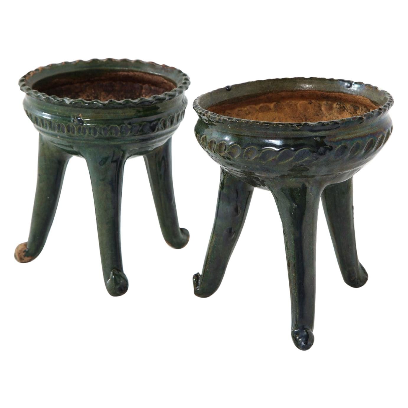 Vintage Mexican Green Pottery Footed Bowls, Morelia, circa 1960 