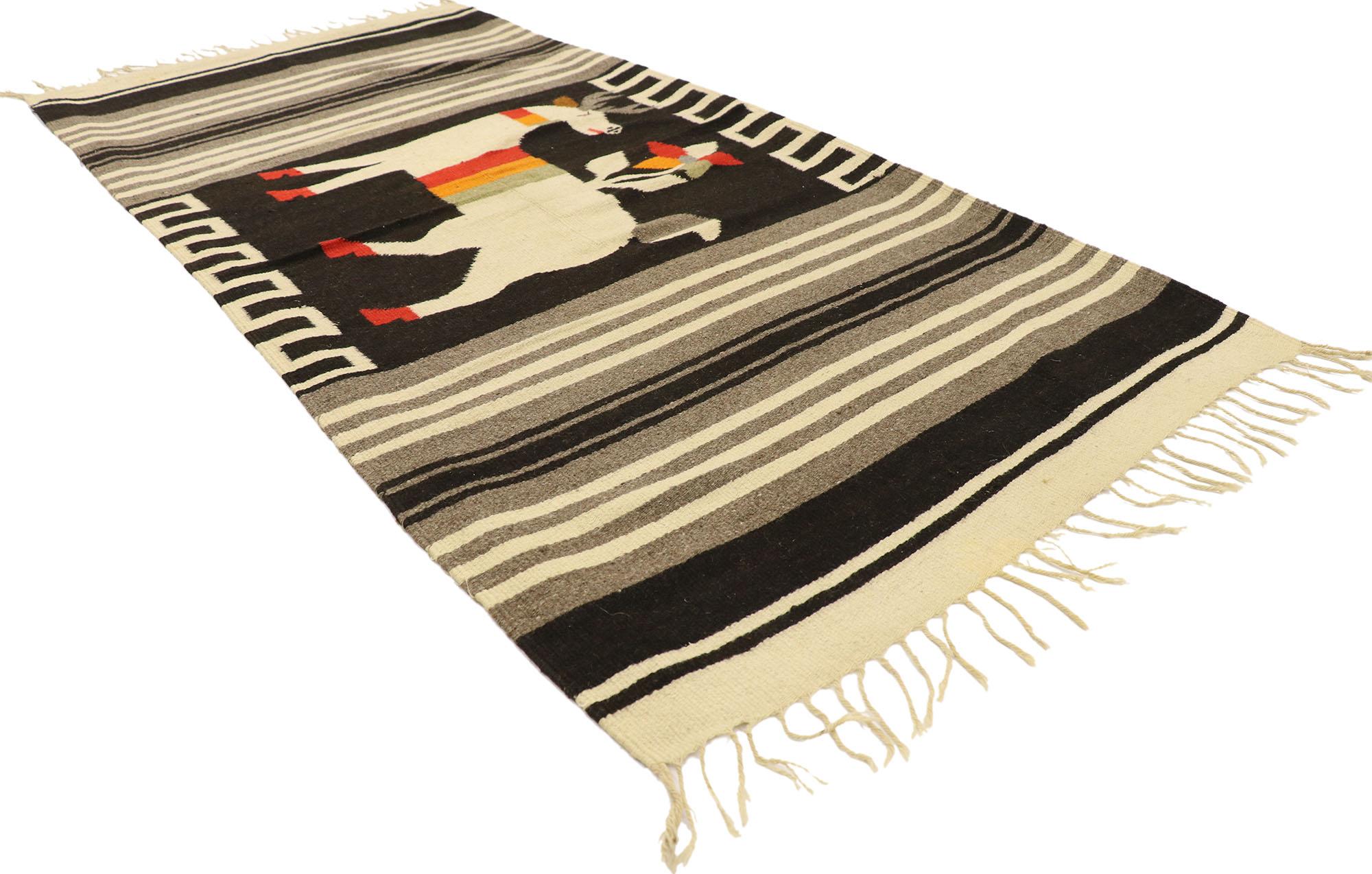 77962 Vintage Mexican Kilim Serape Blanket rug with Deer Pictorial 02'07 x 05'05. With its bold expressive design, incredible detail and texture, this hand-woven wool vintage Mexican Kilim Serape blanket rug is a captivating vision of woven beauty.