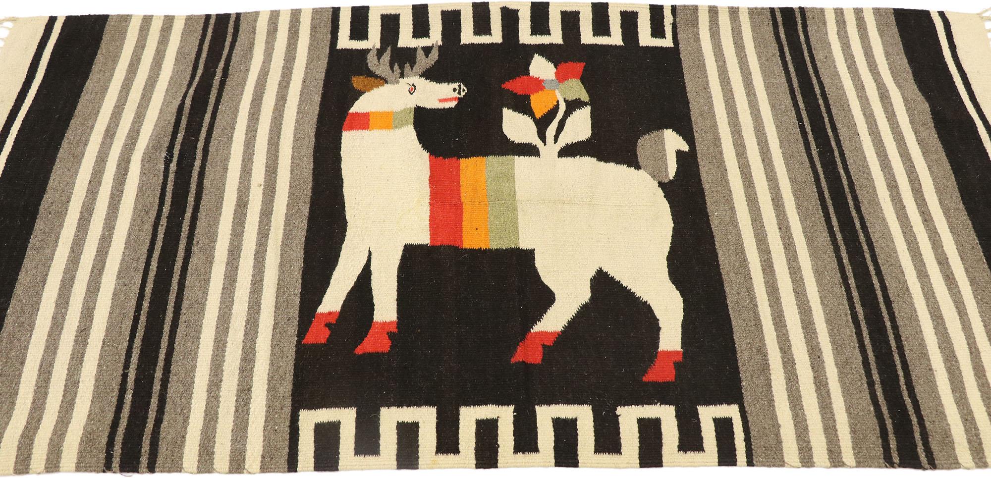 Tribal Vintage Mexican Kilim Serape Blanket Rug with Flower & Deer Pictorial