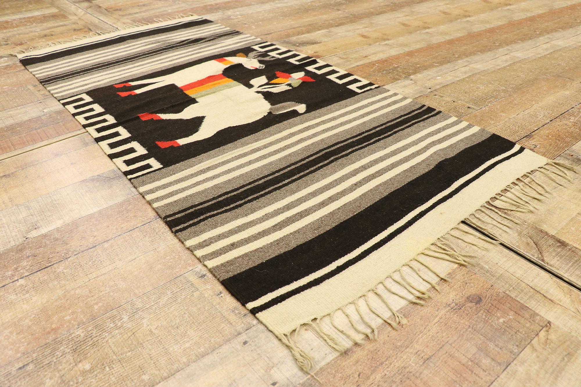 Vintage Mexican Kilim Serape Blanket Rug with Flower & Deer Pictorial In Good Condition In Dallas, TX