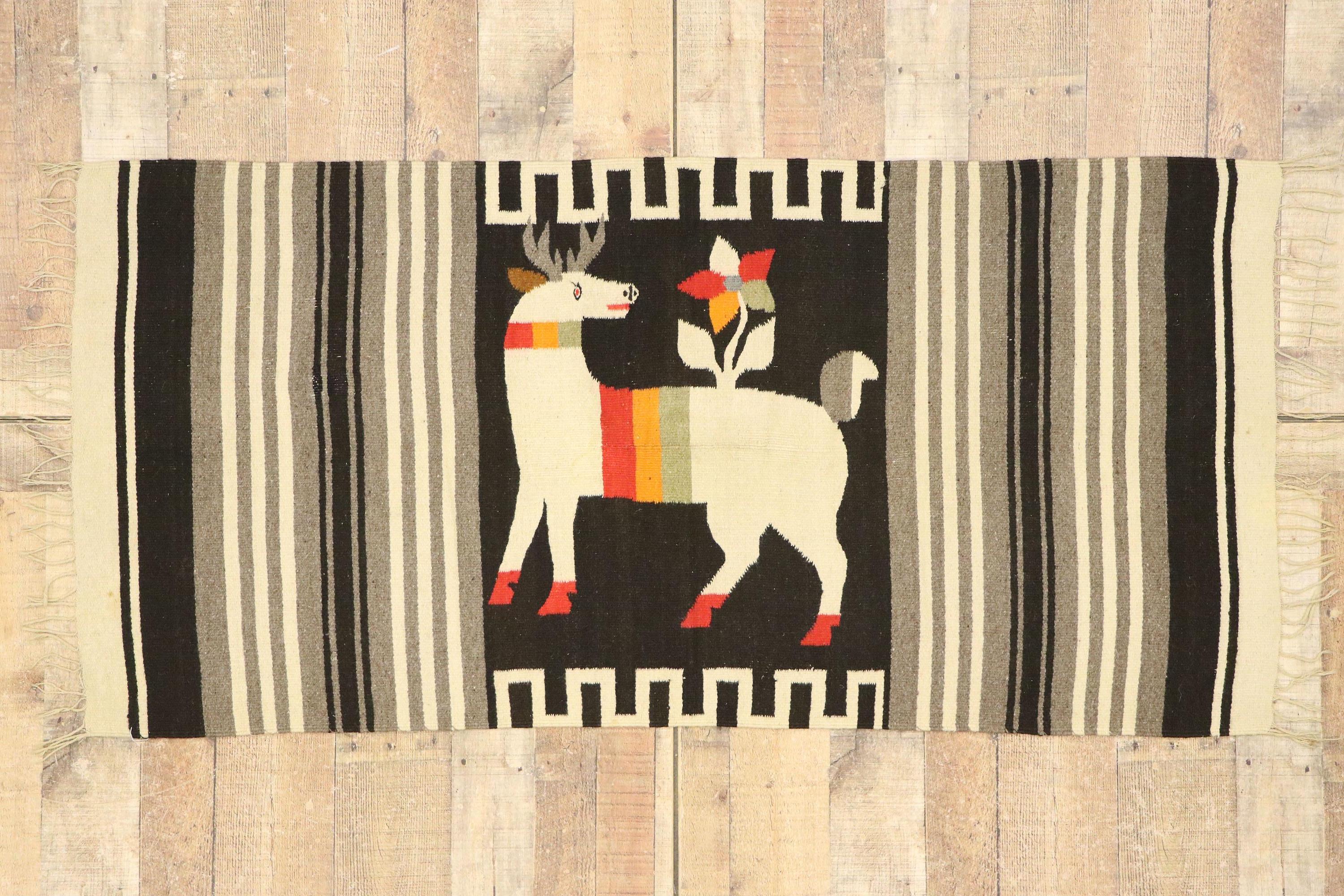 Wool Vintage Mexican Kilim Serape Blanket Rug with Flower & Deer Pictorial