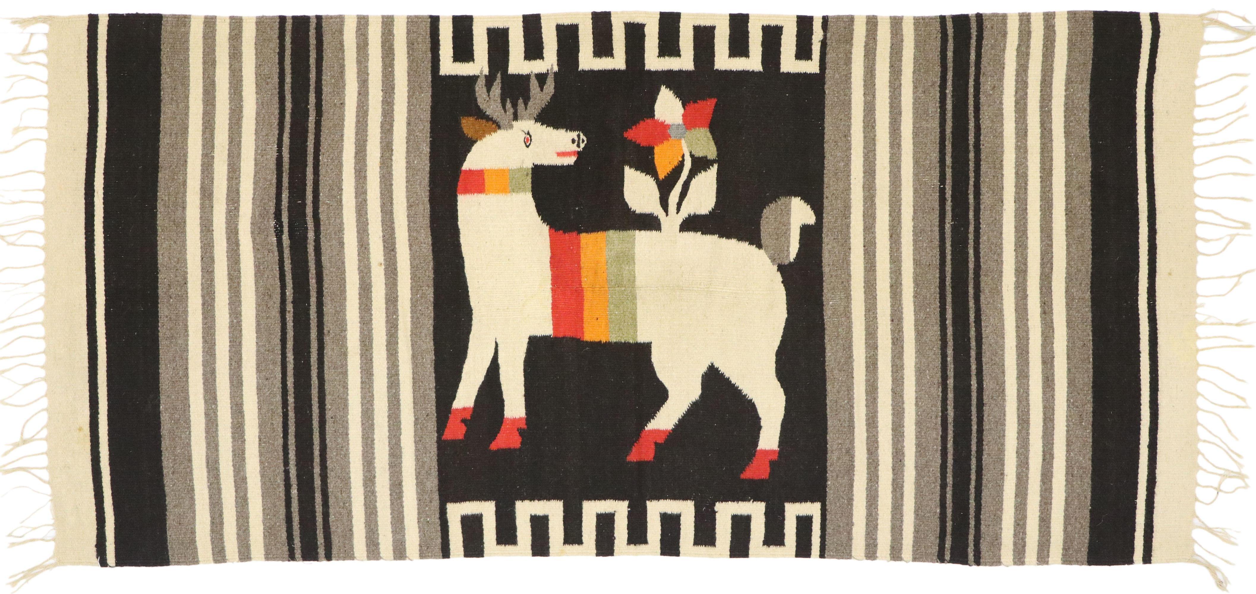 Vintage Mexican Kilim Serape Blanket Rug with Flower & Deer Pictorial 1