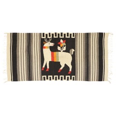 Vintage Mexican Kilim Serape Blanket Rug with Flower & Deer Pictorial
