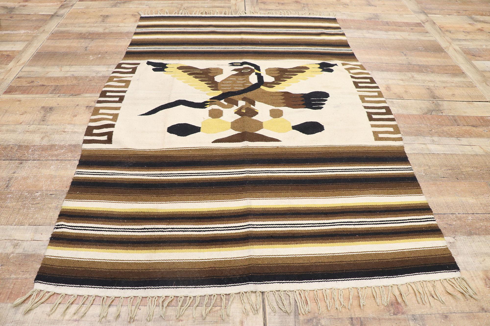 Hand-Woven Vintage Mexican Kilim Serape Blanket Rug with Tribal Style, Eagle Eating Snake For Sale