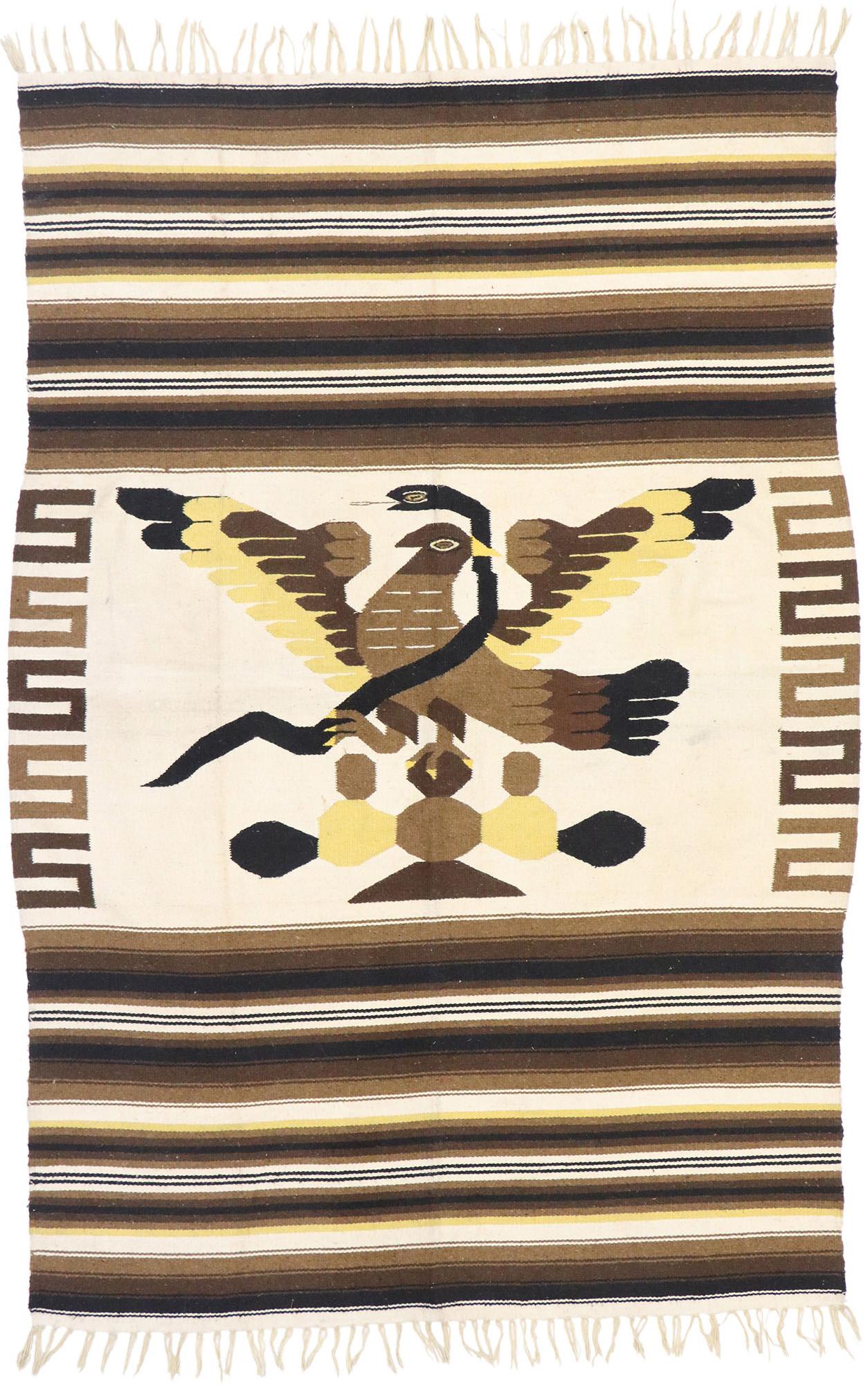 20th Century Vintage Mexican Kilim Serape Blanket Rug with Tribal Style, Eagle Eating Snake For Sale