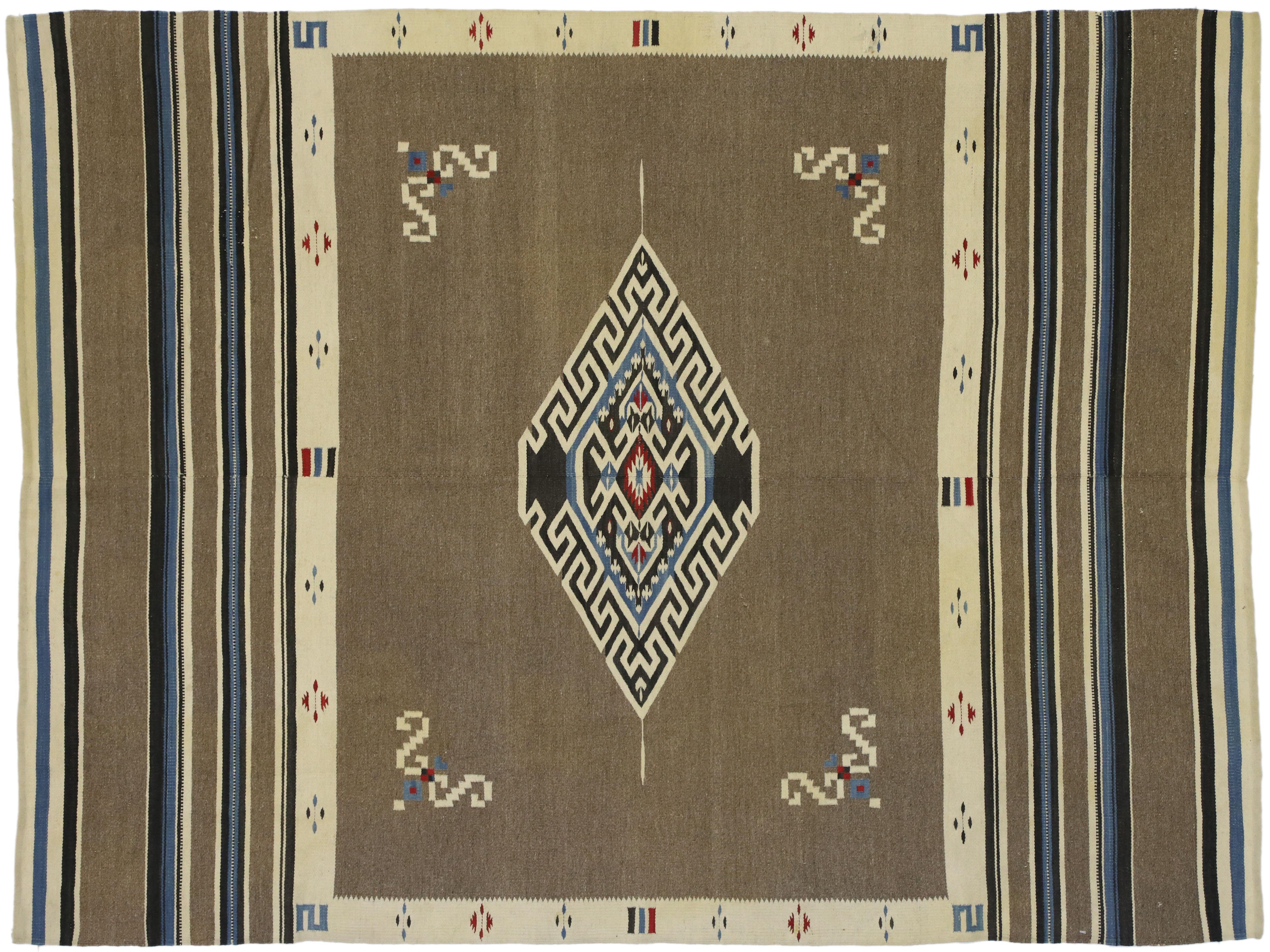 Wool Vintage Mexican Kilim Tribal Rug with Navajo Adirondack Lodge Style For Sale