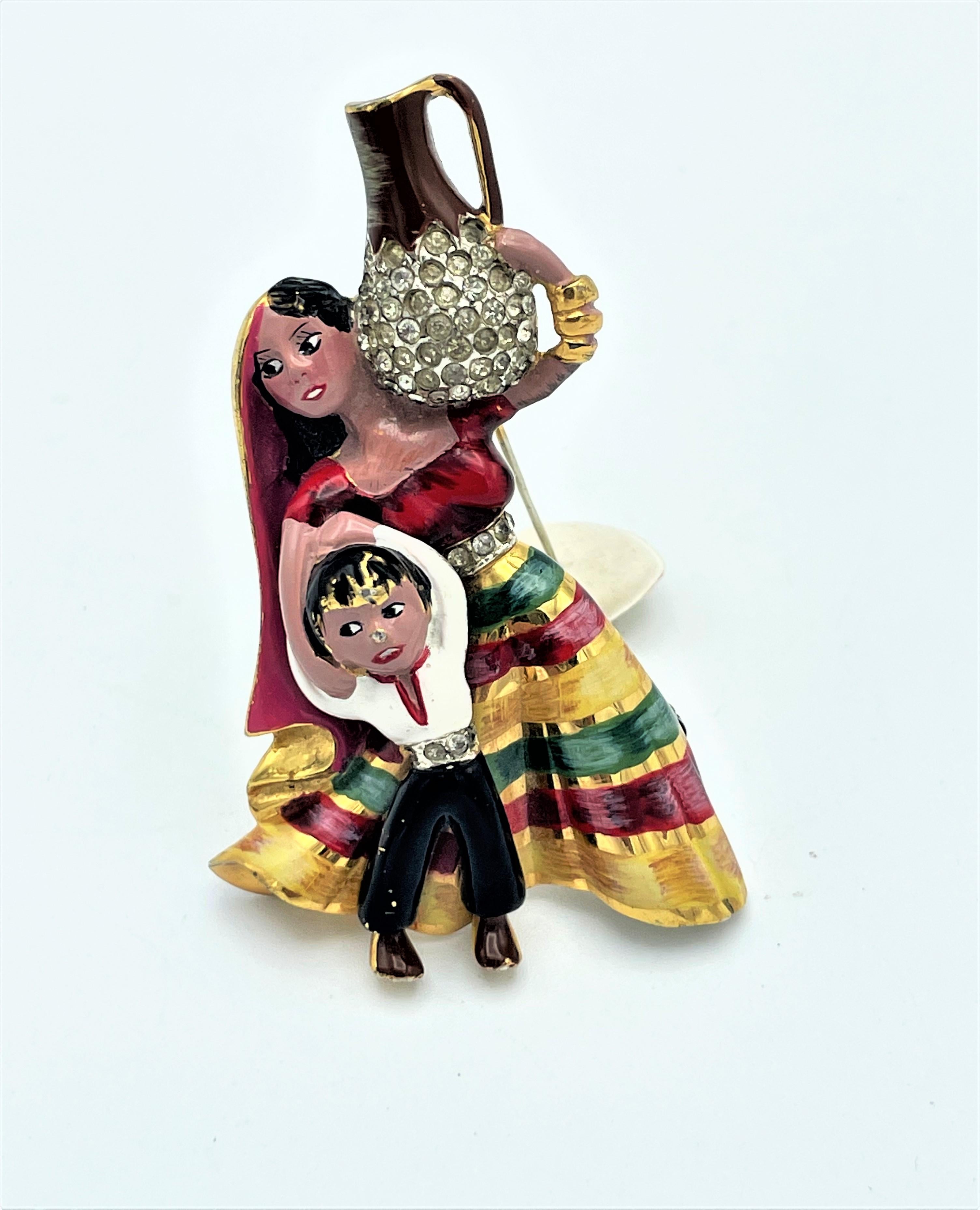 Women's or Men's Vintage Mexican Lady brooch with a boy, gold plated Sterling, Corocraft, 1940s  For Sale