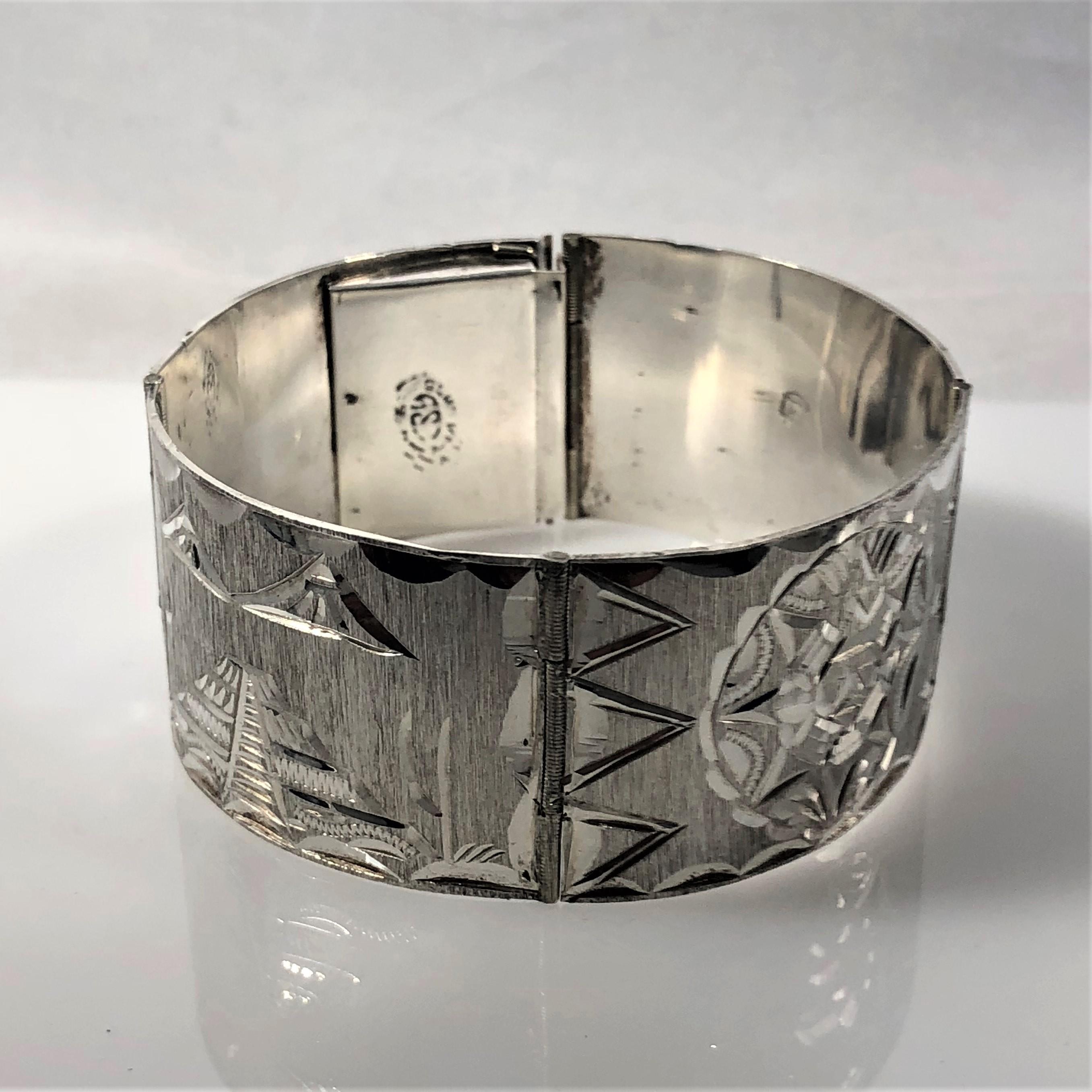 Vintage Mexican Mayan Sterling Silver Hand Engraved Cuff Bracelet 2