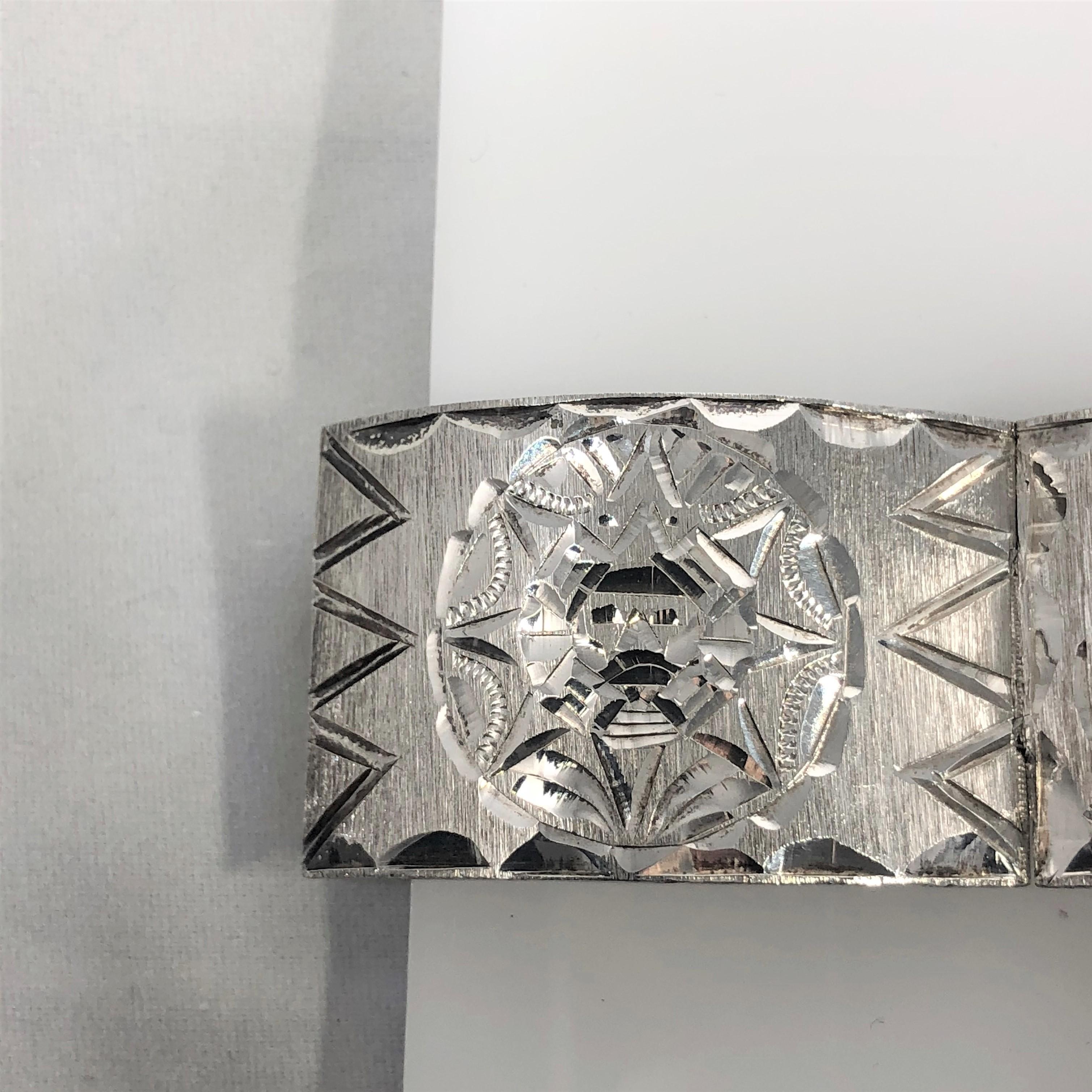 Vintage Mexican Mayan Sterling Silver Hand Engraved Cuff Bracelet 5