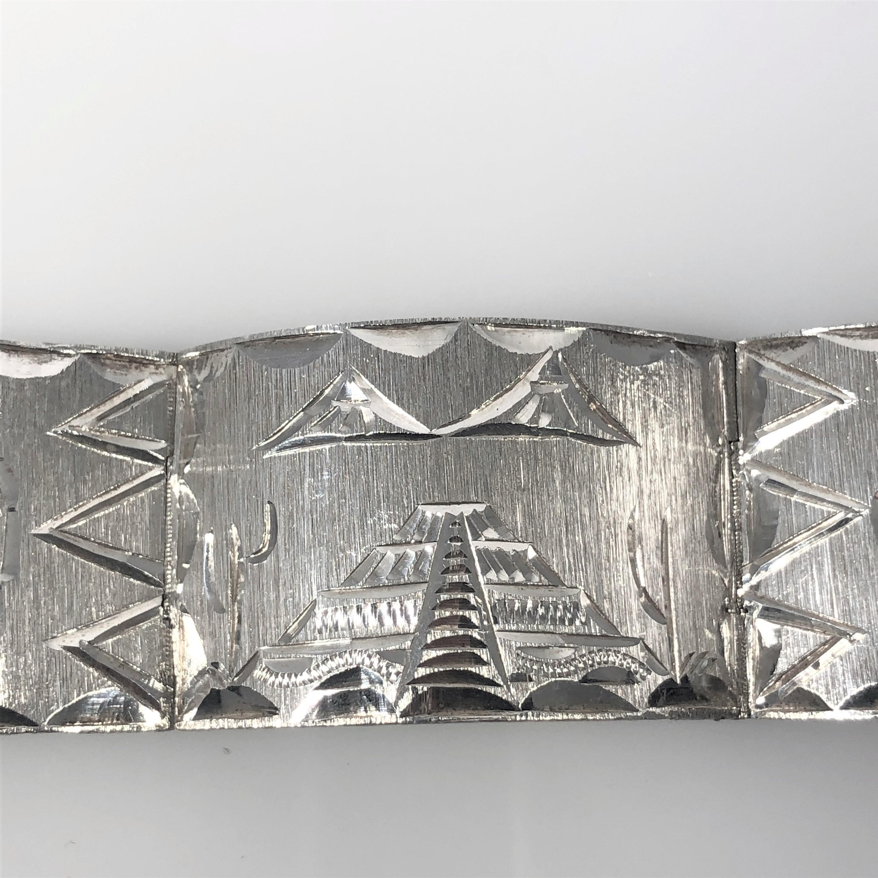 Vintage Mexican Mayan Sterling Silver Hand Engraved Cuff Bracelet 7