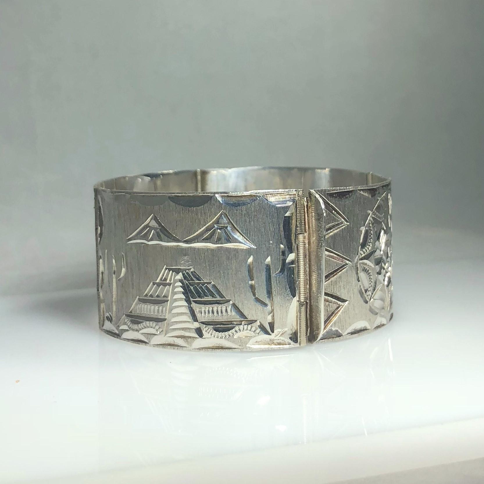 Artisan Vintage Mexican Mayan Sterling Silver Hand Engraved Cuff Bracelet