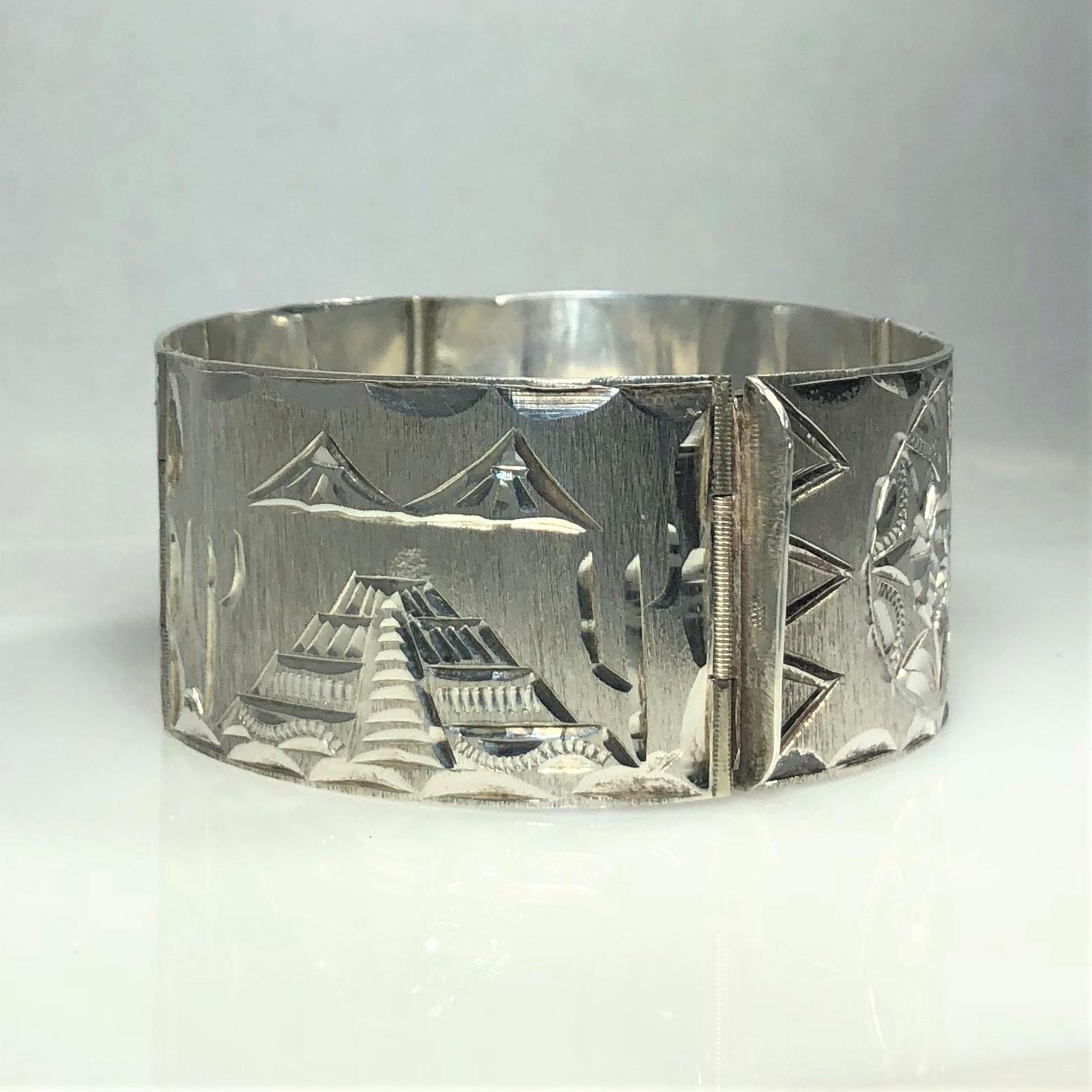 Women's or Men's Vintage Mexican Mayan Sterling Silver Hand Engraved Cuff Bracelet