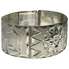 Vintage Mexican Mayan Sterling Silver Hand Engraved Cuff Bracelet