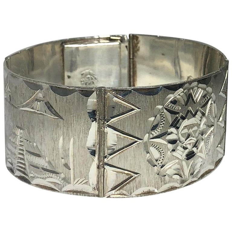 Vintage Mexican Mayan Sterling Silver Hand Engraved Cuff Bracelet For Sale at 1stdibs