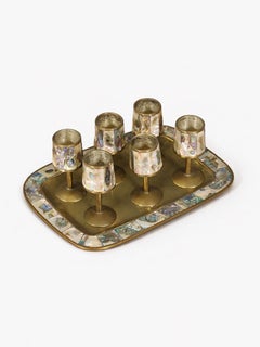 Set di bicchierini di cordiale d'epoca in ottone e abalone modernista messicano