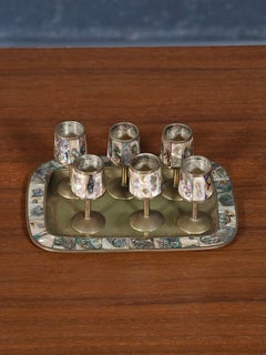 Vintage Mexican Modernist Abalone & Brass Cordial Shot Set
